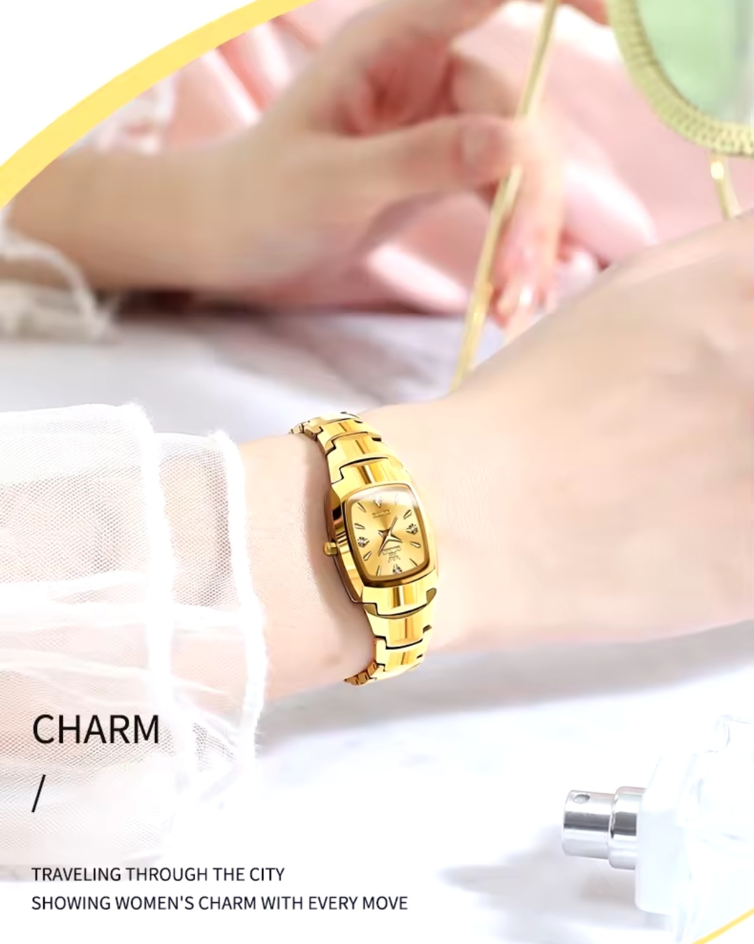 OLEVS 7006 Ladies Chain Watch- Golden Dial- Golden Bezel- Golden Chain- TF Code OL929CF_img_4