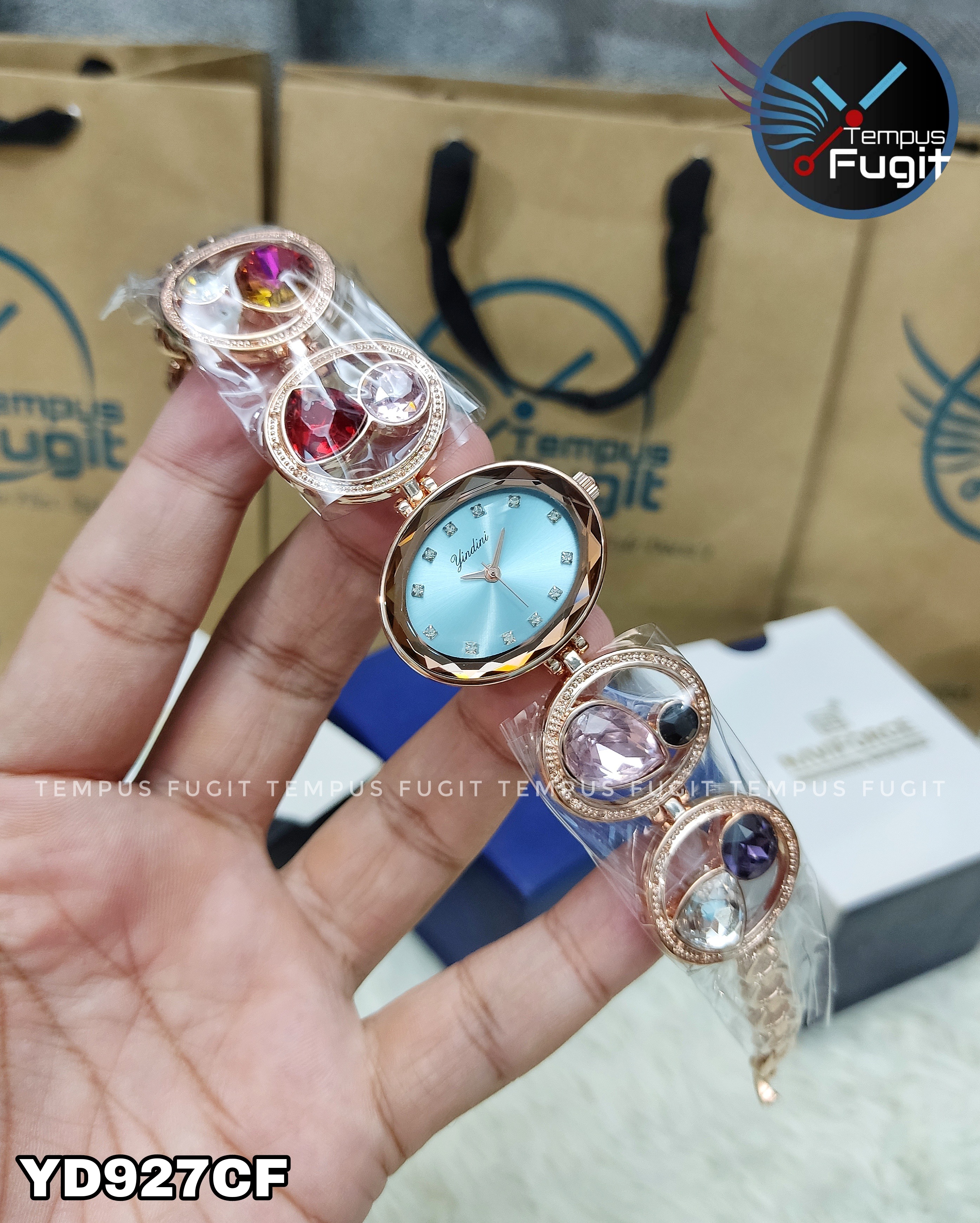 YINDINI 5216 Ladies Chain Watch- Blue Dial- Rose Golden Bezel- Rose Golden Chain with Stones- TF Code YD927CF_img_0