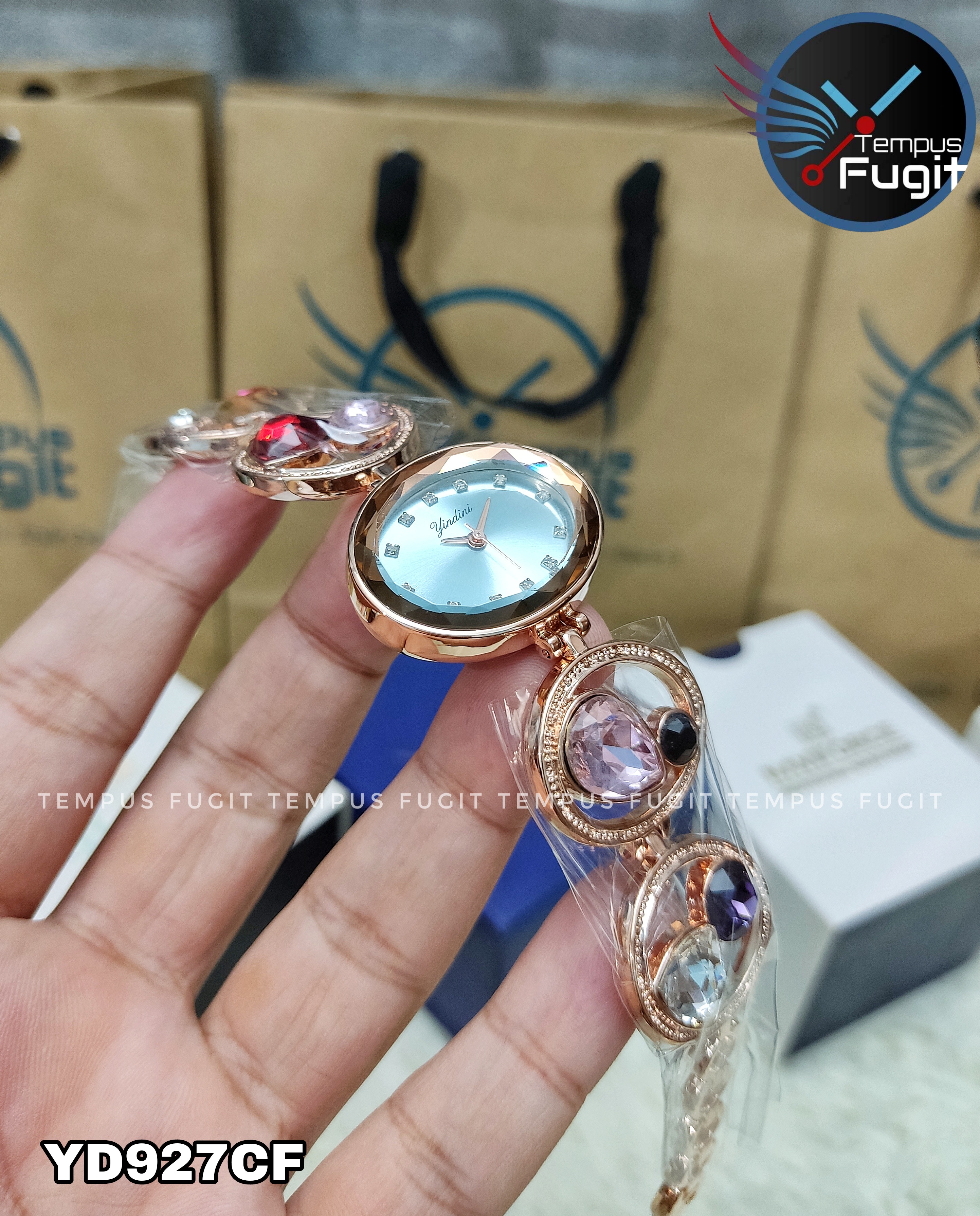 YINDINI 5216 Ladies Chain Watch- Blue Dial- Rose Golden Bezel- Rose Golden Chain with Stones- TF Code YD927CF_img_1