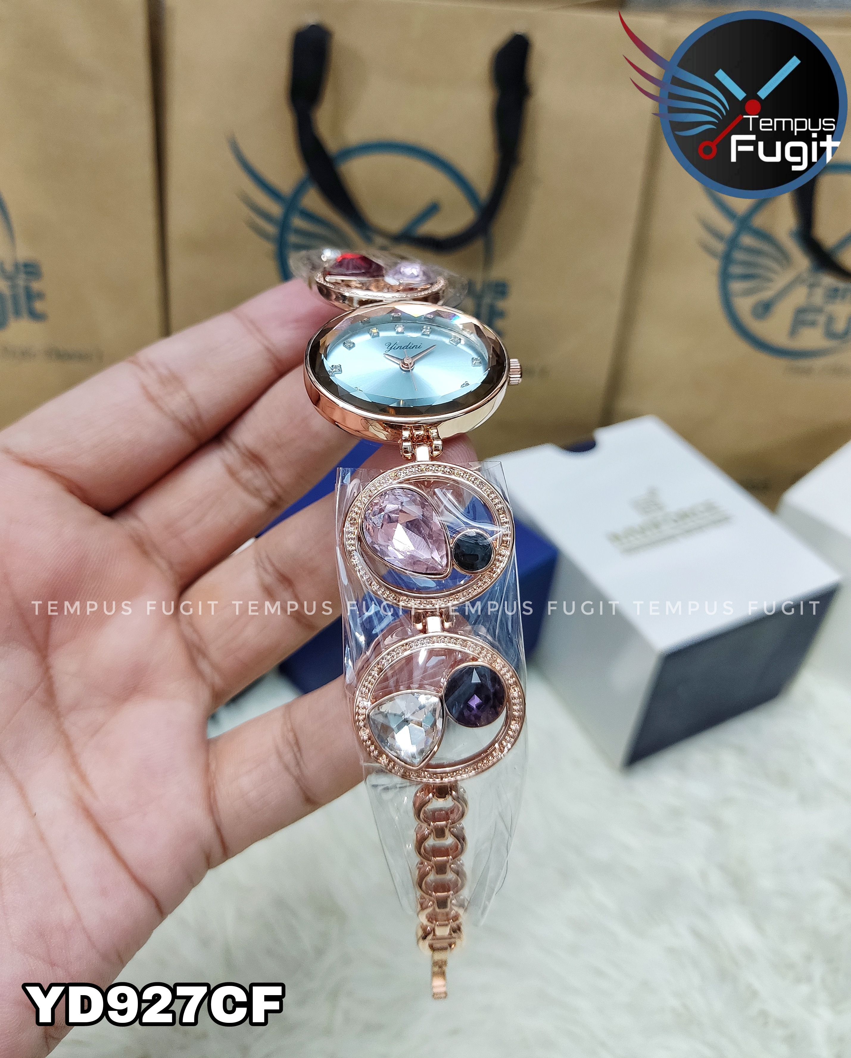 YINDINI 5216 Ladies Chain Watch- Blue Dial- Rose Golden Bezel- Rose Golden Chain with Stones- TF Code YD927CF_img_2