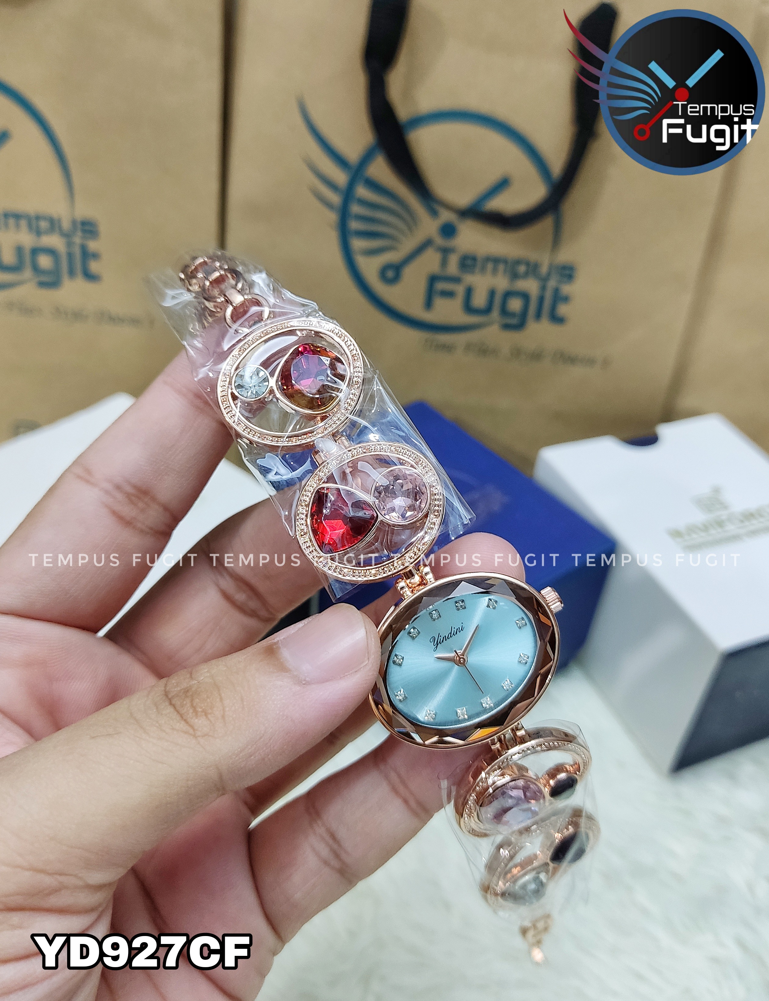 YINDINI 5216 Ladies Chain Watch- Blue Dial- Rose Golden Bezel- Rose Golden Chain with Stones- TF Code YD927CF_img_3