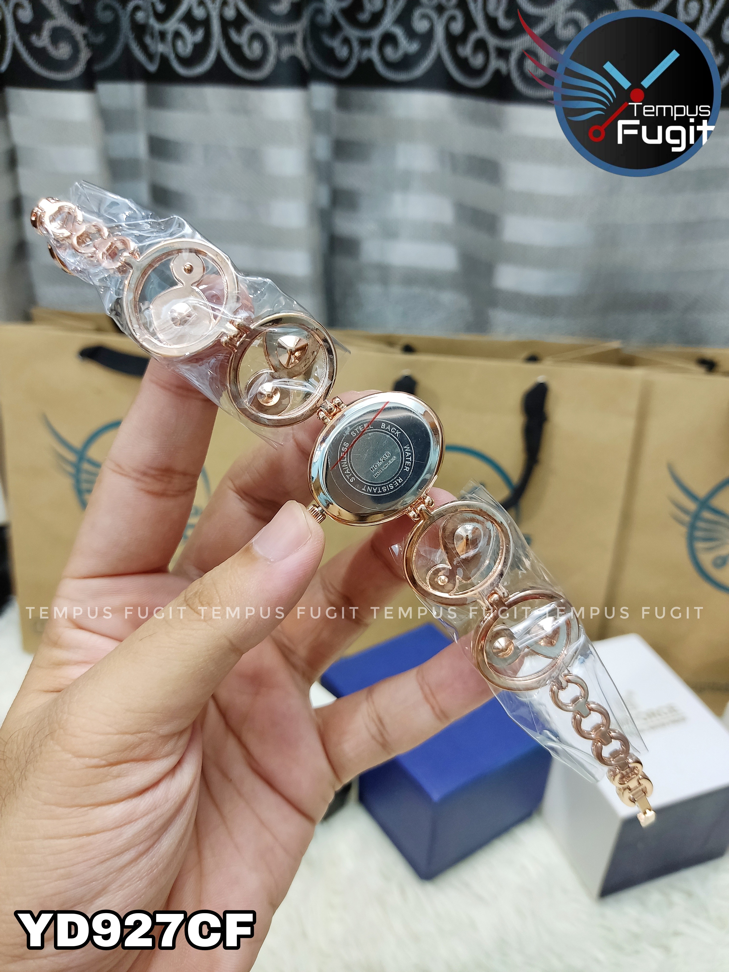 YINDINI 5216 Ladies Chain Watch- Blue Dial- Rose Golden Bezel- Rose Golden Chain with Stones- TF Code YD927CF_img_5