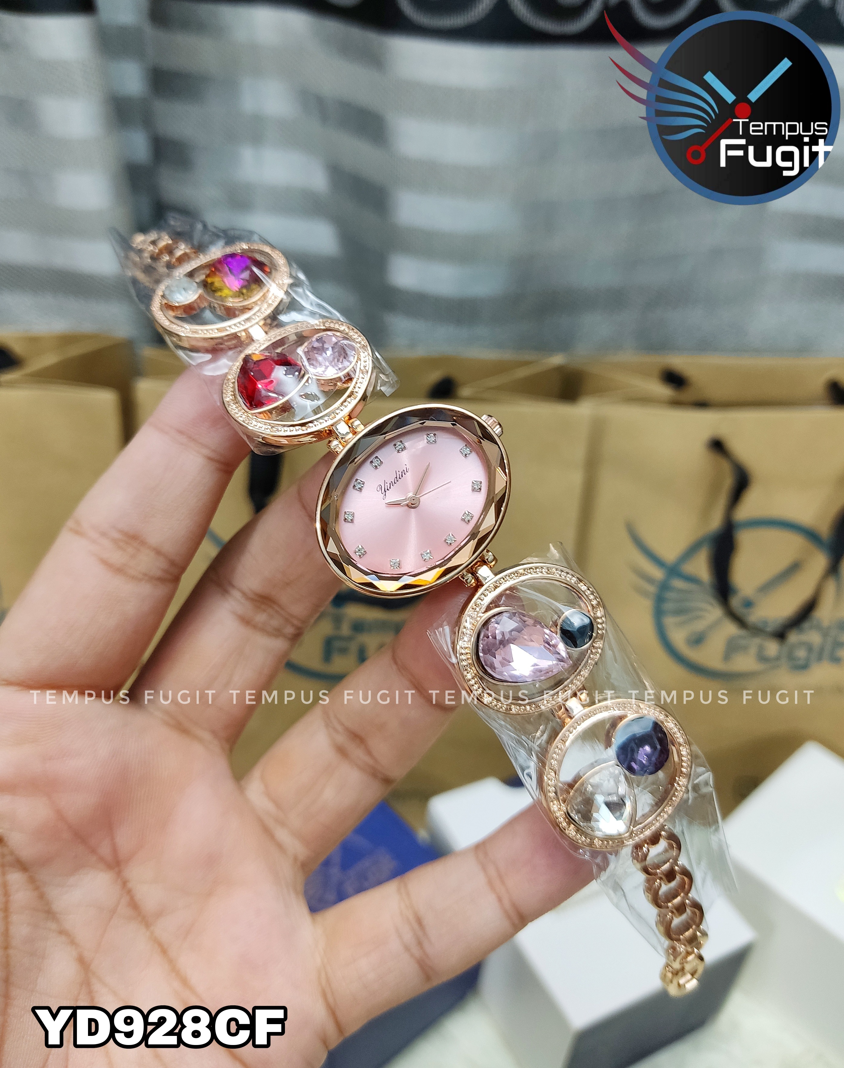 YINDINI 5216 Ladies Chain Watch- Pink Dial- Rose Golden Bezel- Rose Golden Chain with Stones- TF Code YD928CF_img_0