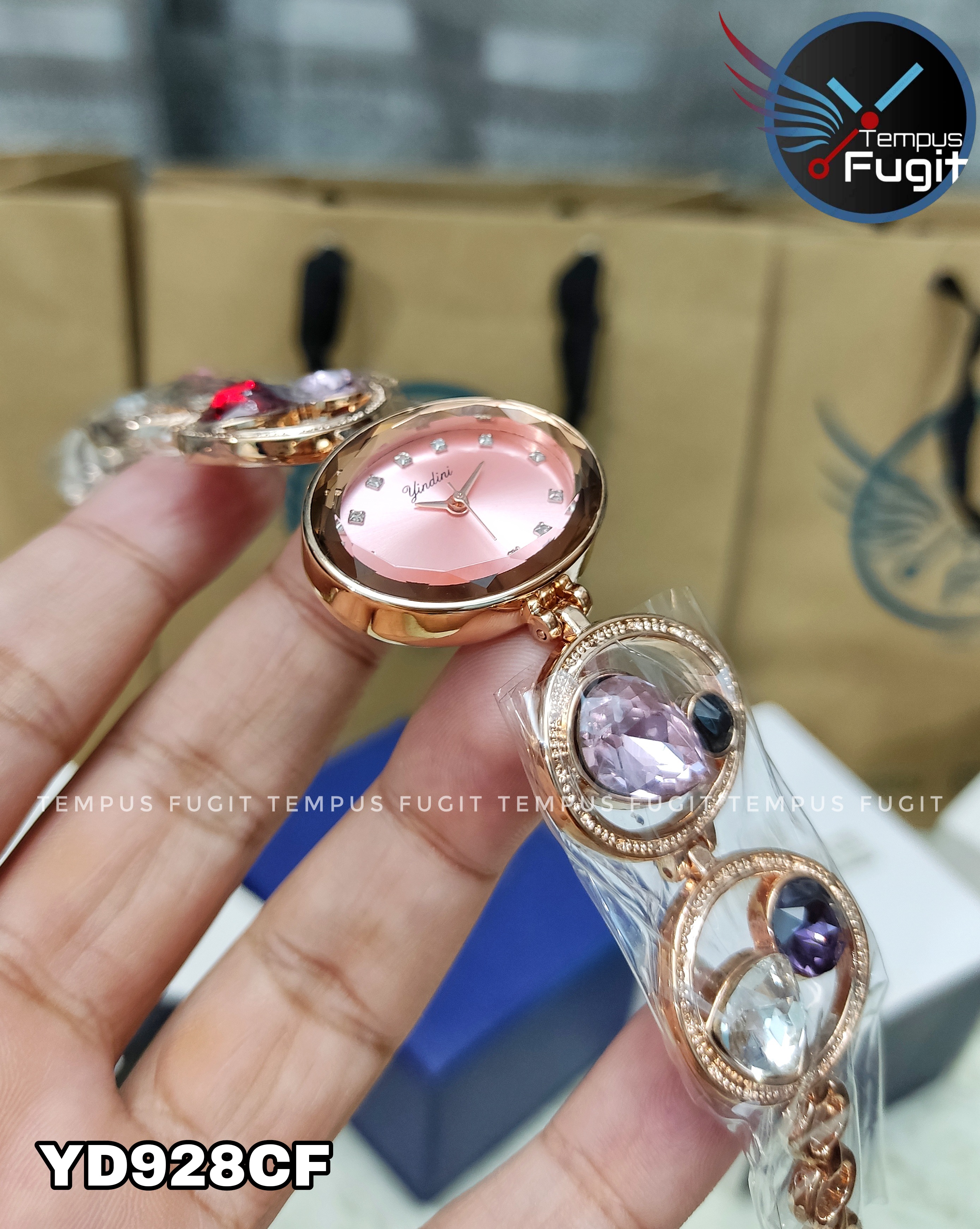 YINDINI 5216 Ladies Chain Watch- Pink Dial- Rose Golden Bezel- Rose Golden Chain with Stones- TF Code YD928CF_img_1