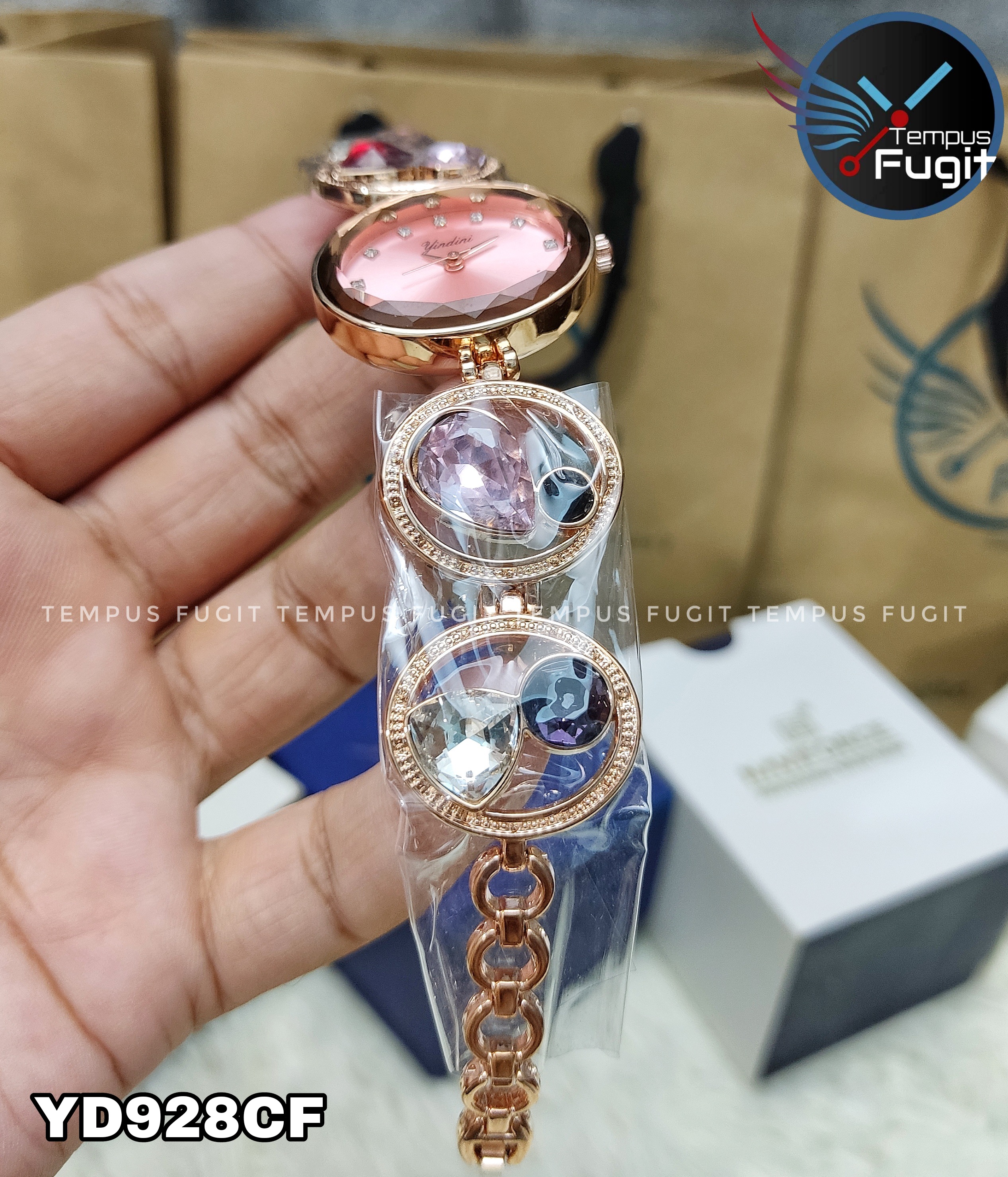 YINDINI 5216 Ladies Chain Watch- Pink Dial- Rose Golden Bezel- Rose Golden Chain with Stones- TF Code YD928CF_img_2