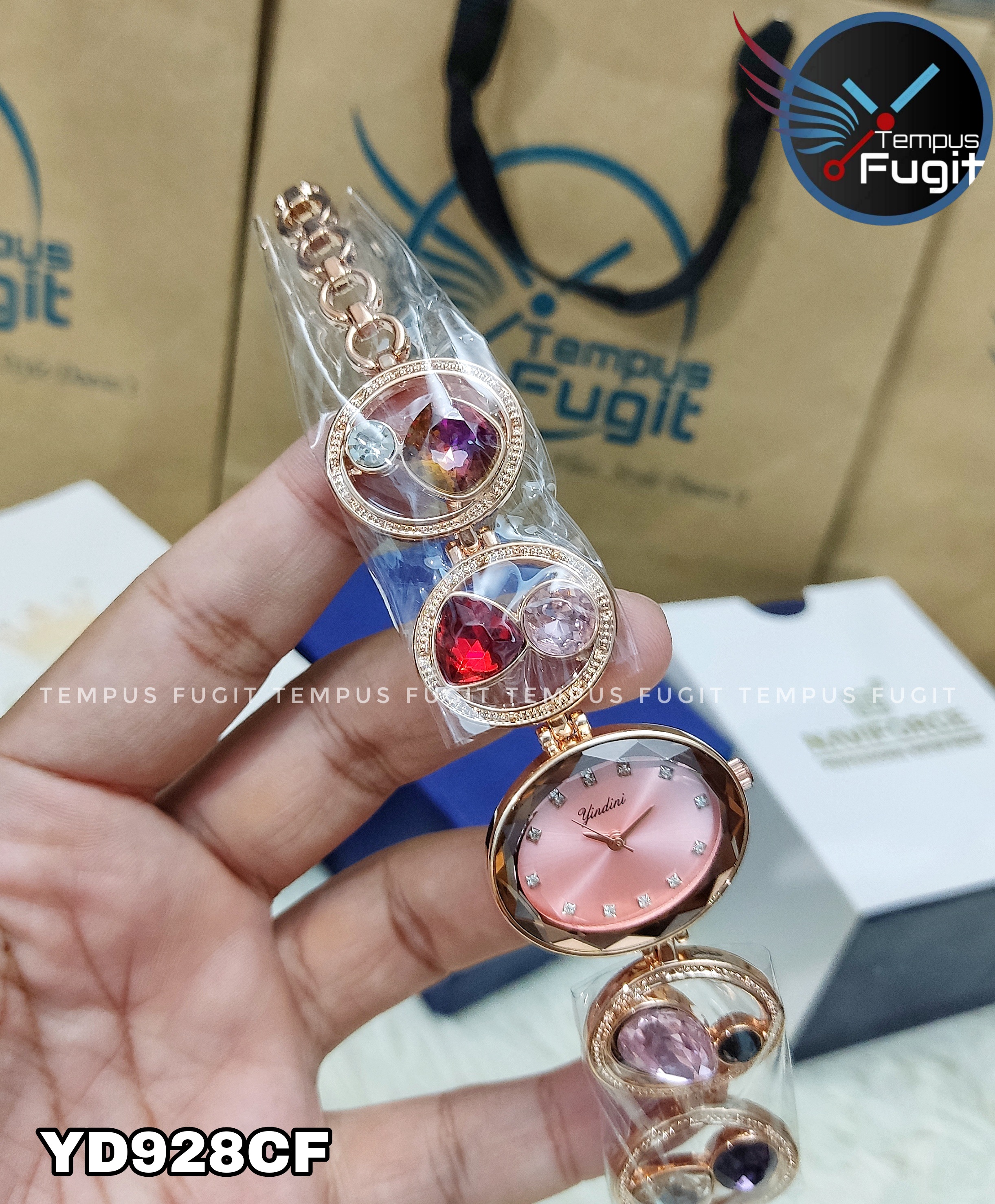 YINDINI 5216 Ladies Chain Watch- Pink Dial- Rose Golden Bezel- Rose Golden Chain with Stones- TF Code YD928CF_img_3