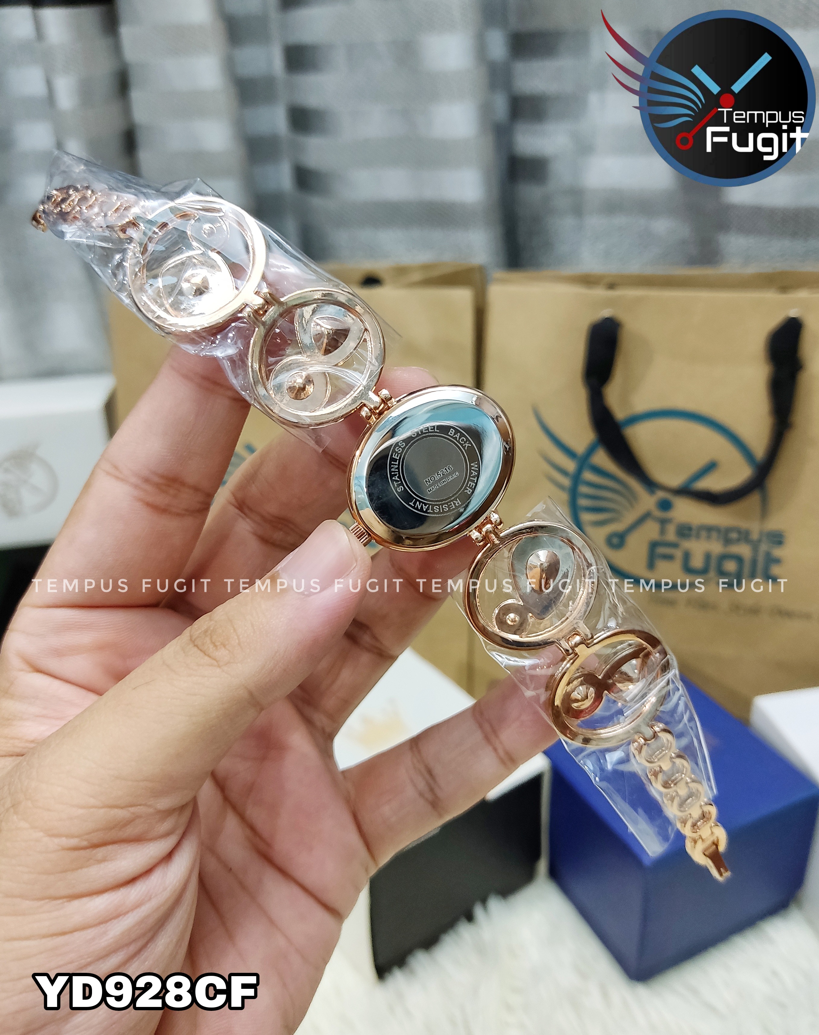 YINDINI 5216 Ladies Chain Watch- Pink Dial- Rose Golden Bezel- Rose Golden Chain with Stones- TF Code YD928CF_img_4