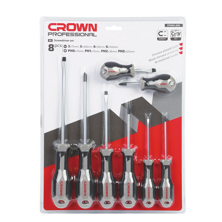 CROWN Professional 8 pcs Screwdriver set, 8pcs, CR-V, Chrome plated; CPHDS-AX08