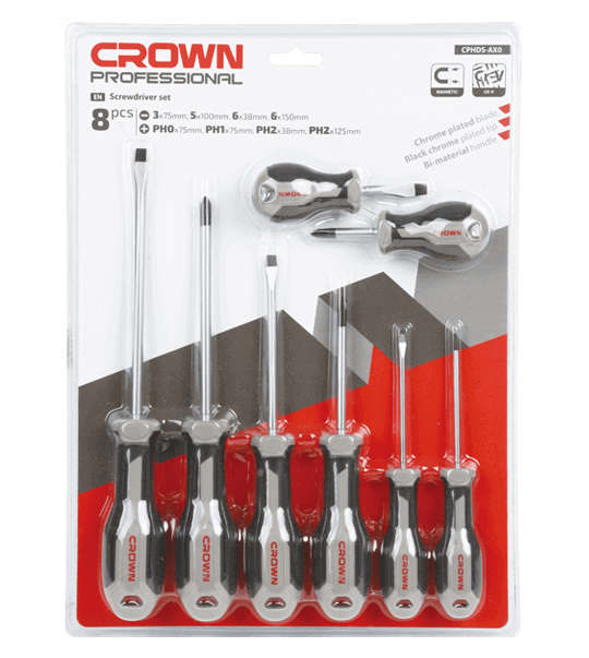 CROWN Professional 8 pcs Screwdriver set, 8pcs, CR-V, Chrome plated; CPHDS-AX08_img_3