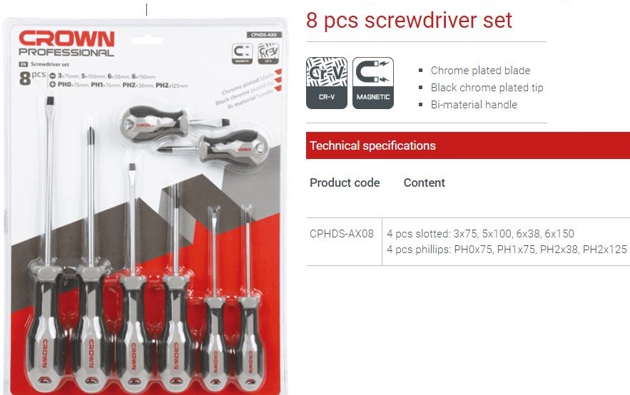 CROWN Professional 8 pcs Screwdriver set, 8pcs, CR-V, Chrome plated; CPHDS-AX08_img_6