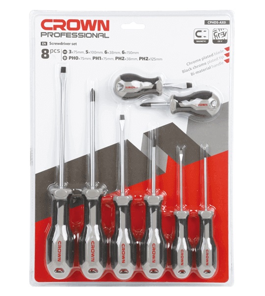CROWN Professional 8 pcs Screwdriver set, 8pcs, CR-V, Chrome plated; CPHDS-AX08_img_7
