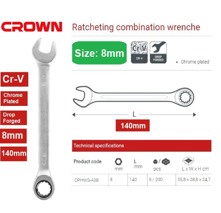 CROWN Professional Ratchet Combination Spanner ( 8mm | 17mm | 22mm ), 72T, 50BV30, Cr-V, Atomization; CPHWS-A08