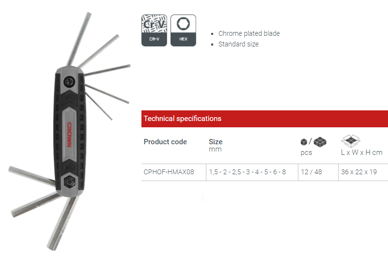 CROWN Professional 8pcs Foldable Hex key set, CR-V, 8pcs; CPHOF-HMAX08_img_1