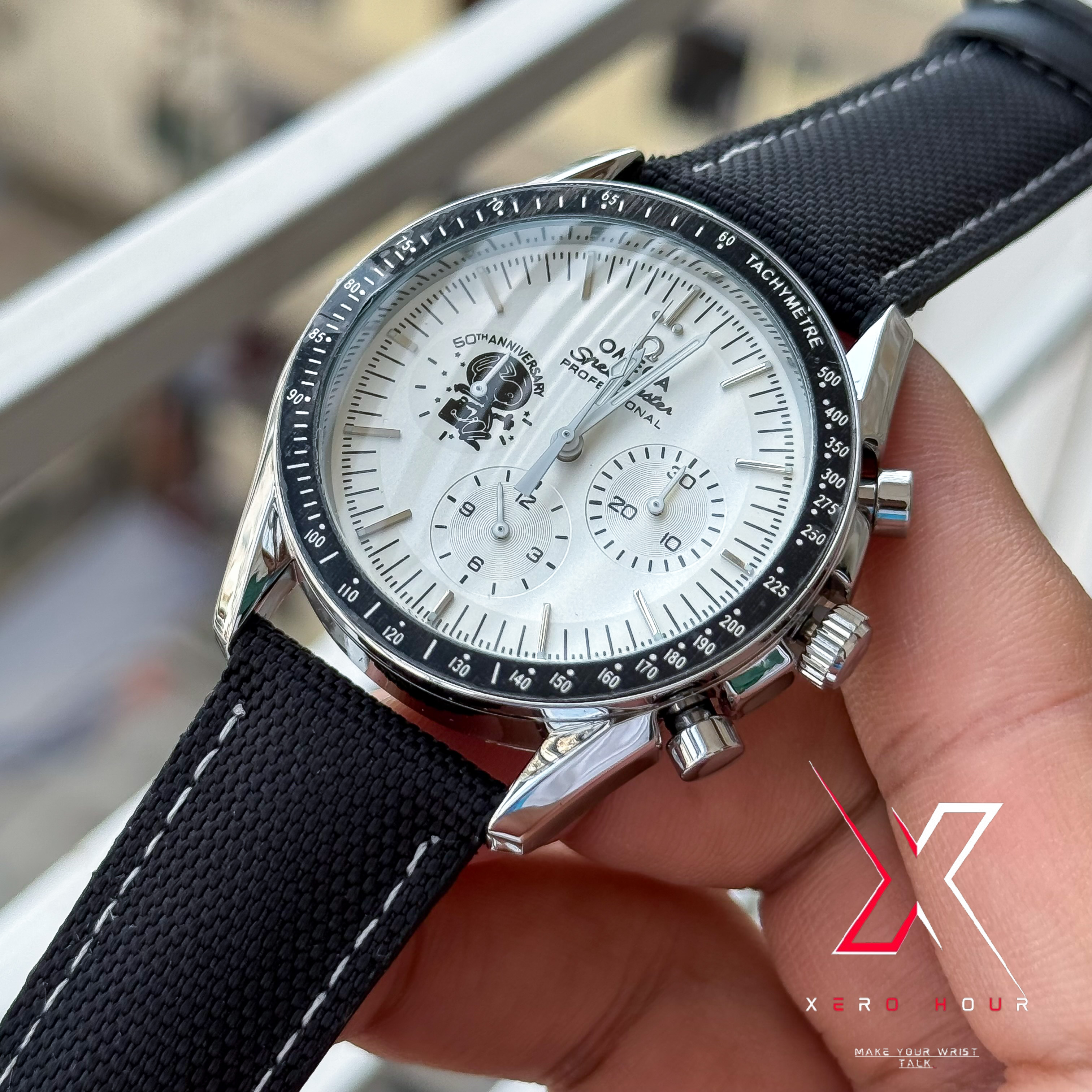 Omega Speedmaster | "Silver Snoopy" 50th Anniversary | Black Shade | Black Denim stitch Belt