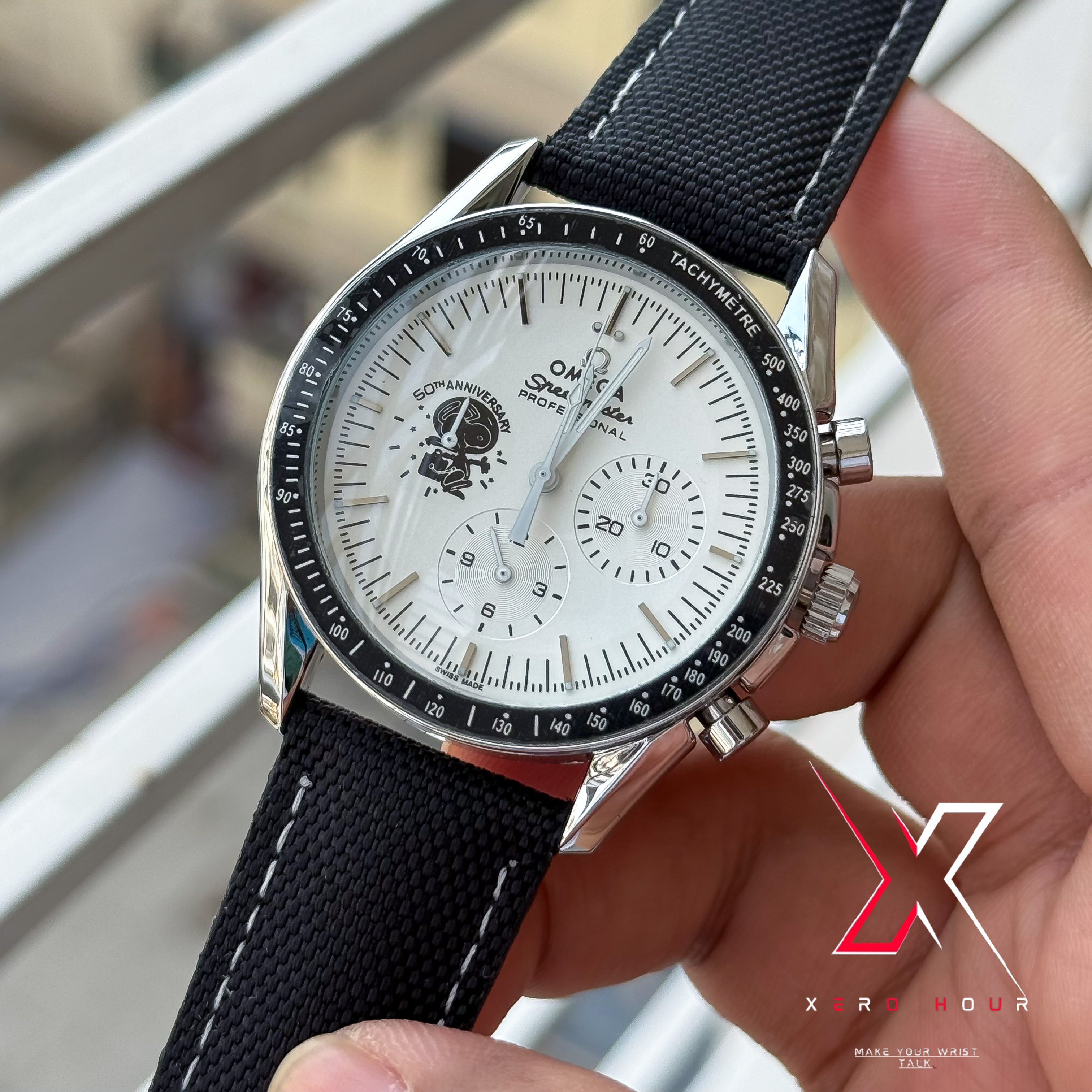 Omega Speedmaster | "Silver Snoopy" 50th Anniversary | Black Shade | Black Denim stitch Belt_img_3