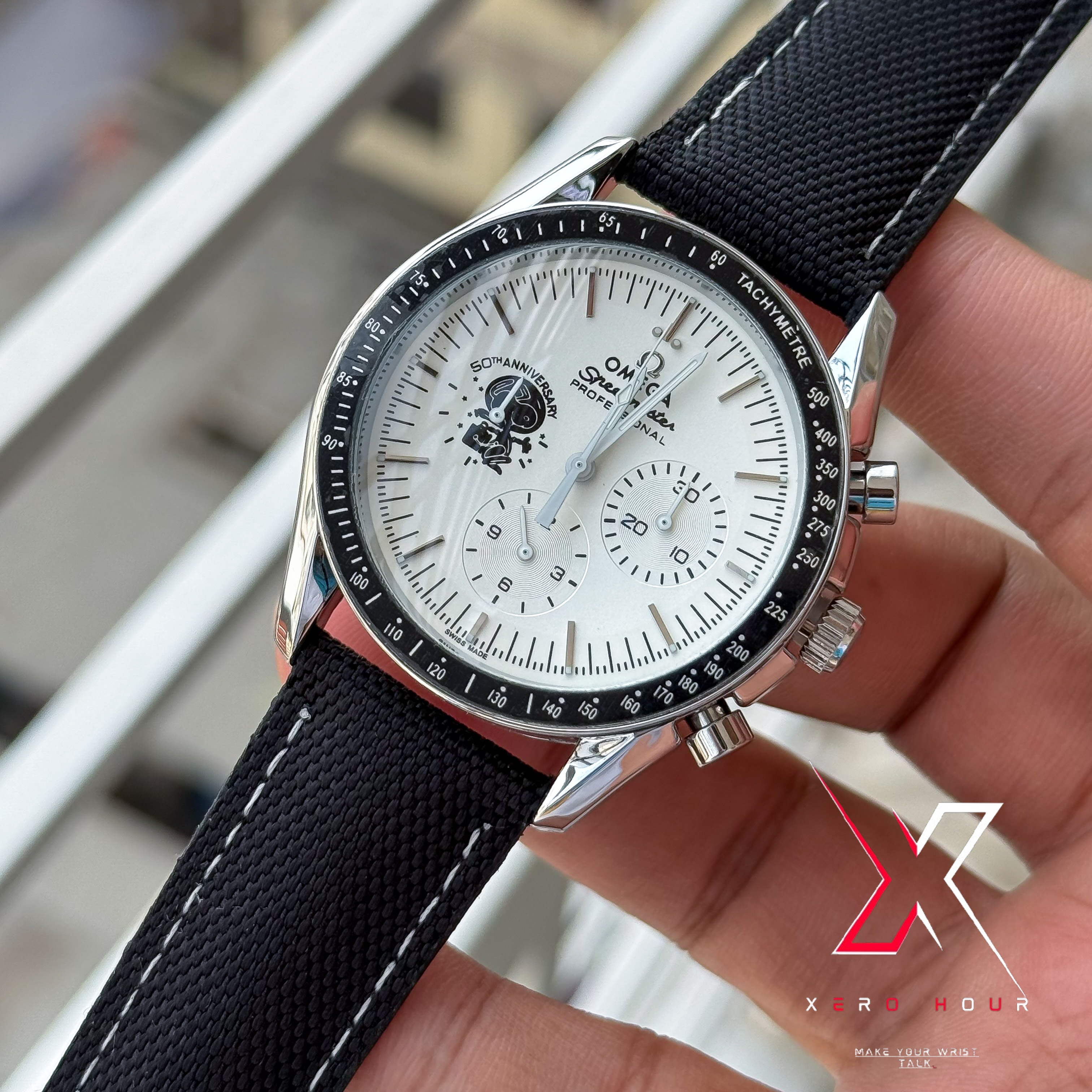 Omega Speedmaster | "Silver Snoopy" 50th Anniversary | Black Shade | Black Denim stitch Belt_img_7