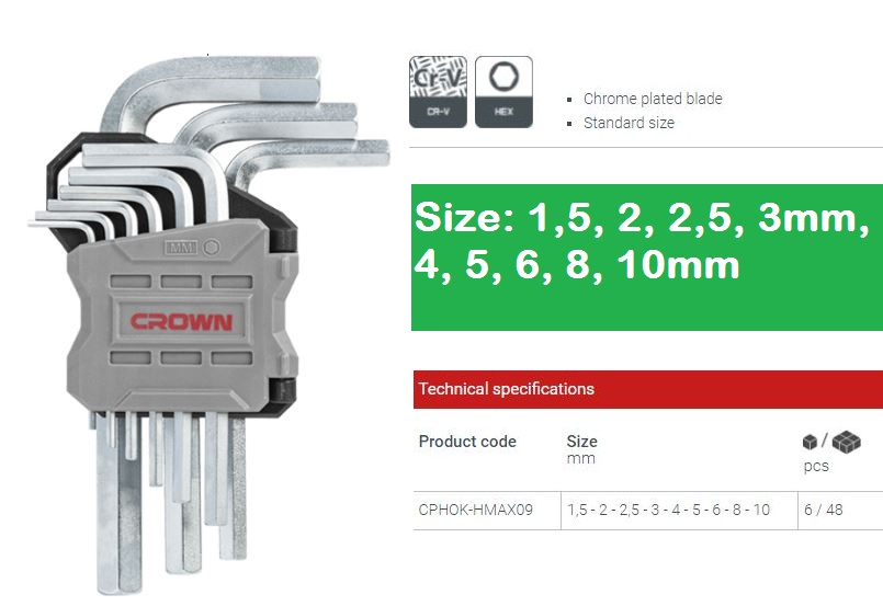 CROWN Professional 9pcs Hex key set ( Short | Long | Extra Long ), Flat head, CR-V, 9pcs; CPHOK-HMAX09_img_2
