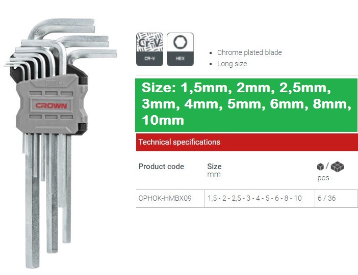 CROWN Professional 9pcs Hex key set ( Short | Long | Extra Long ), Flat head, CR-V, 9pcs; CPHOK-HMAX09_img_6