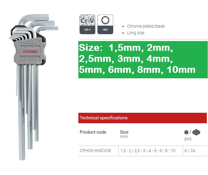 CROWN Professional 9pcs Hex key set ( Short | Long | Extra Long ), Flat head, CR-V, 9pcs; CPHOK-HMAX09_img_11