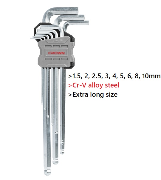 CROWN Professional 9pcs Hex key set ball head ( Short | Long | Extra Long ), Ball head, CR-V, Ball head; CPHOK-BMAX09_img_8