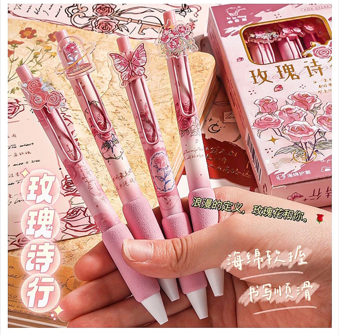 Kaba Bear Four Pack Acrylic Pen Cute Rose Girl Push Pen Gel Pen Student Black Quick-Drying_img_0