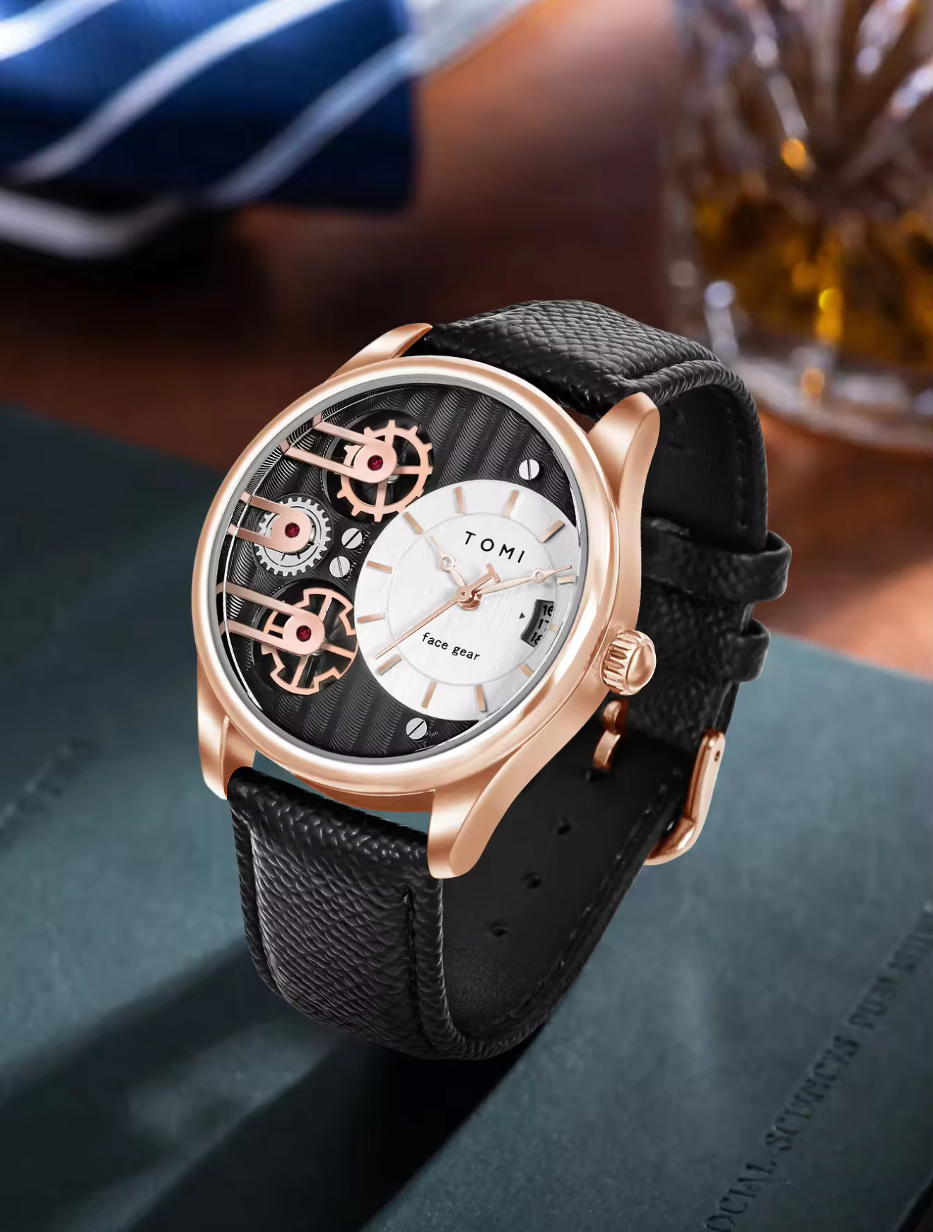 TOMI T-106 Face Gear Dual Strap Leather Belt Watch (Brown-Rosegold)_img_2