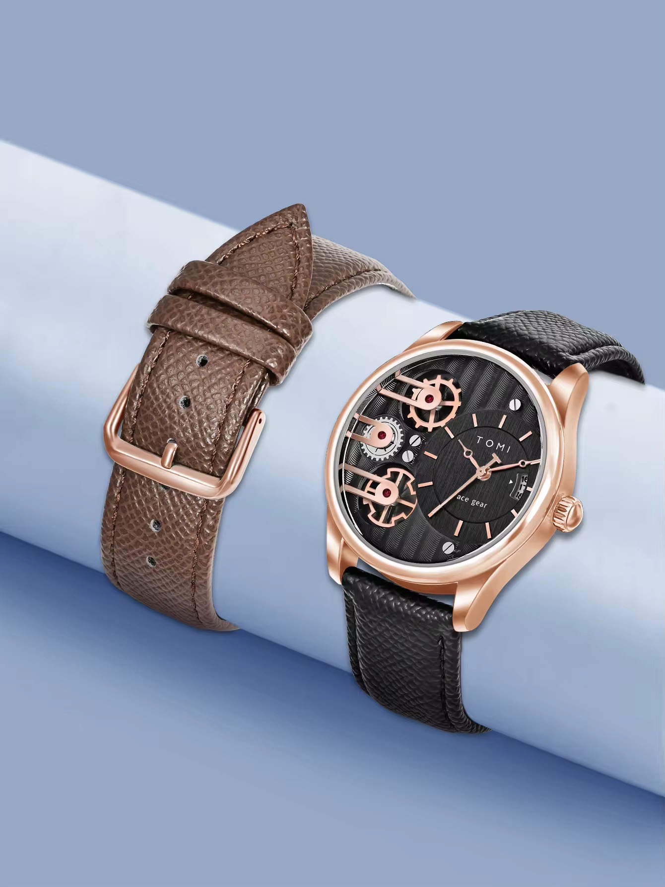 TOMI T-106 Face Gear Dual Strap Leather Belt Watch (Black-Rosegold)_img_1