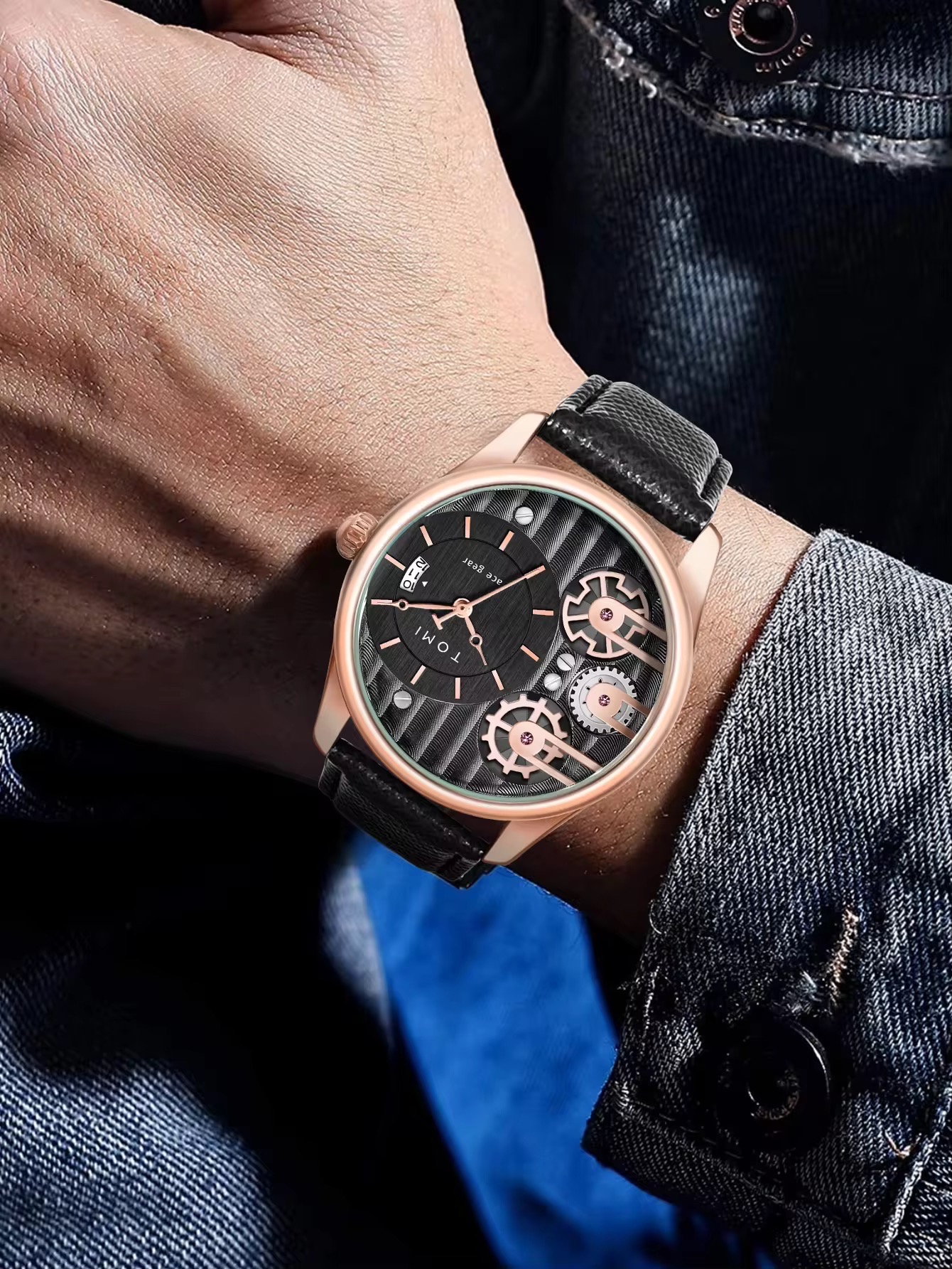 TOMI T-106 Face Gear Dual Strap Leather Belt Watch (Black-Rosegold)_img_3