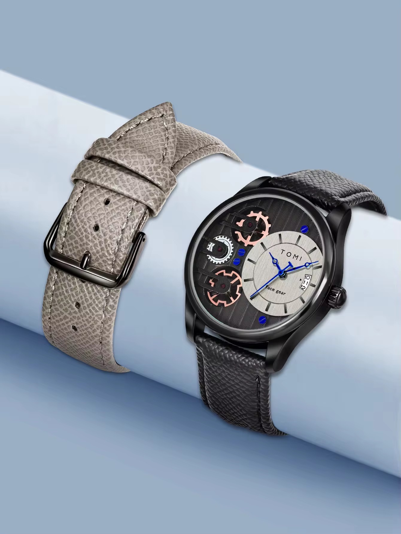 TOMI T-106 Face Gear Dual Strap Leather Belt Watch (Ash)_img_1