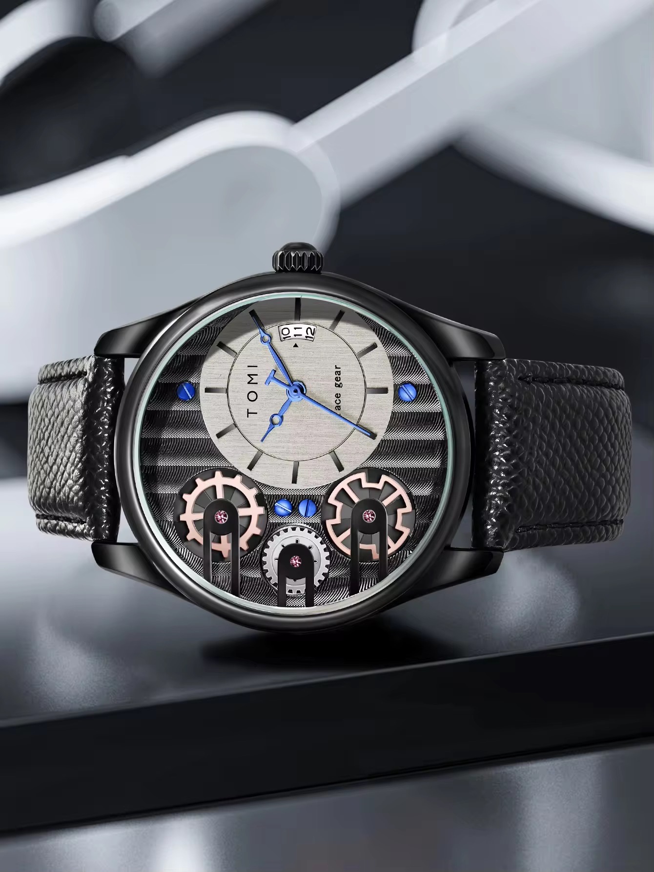 TOMI T-106 Face Gear Dual Strap Leather Belt Watch (Ash)_img_2