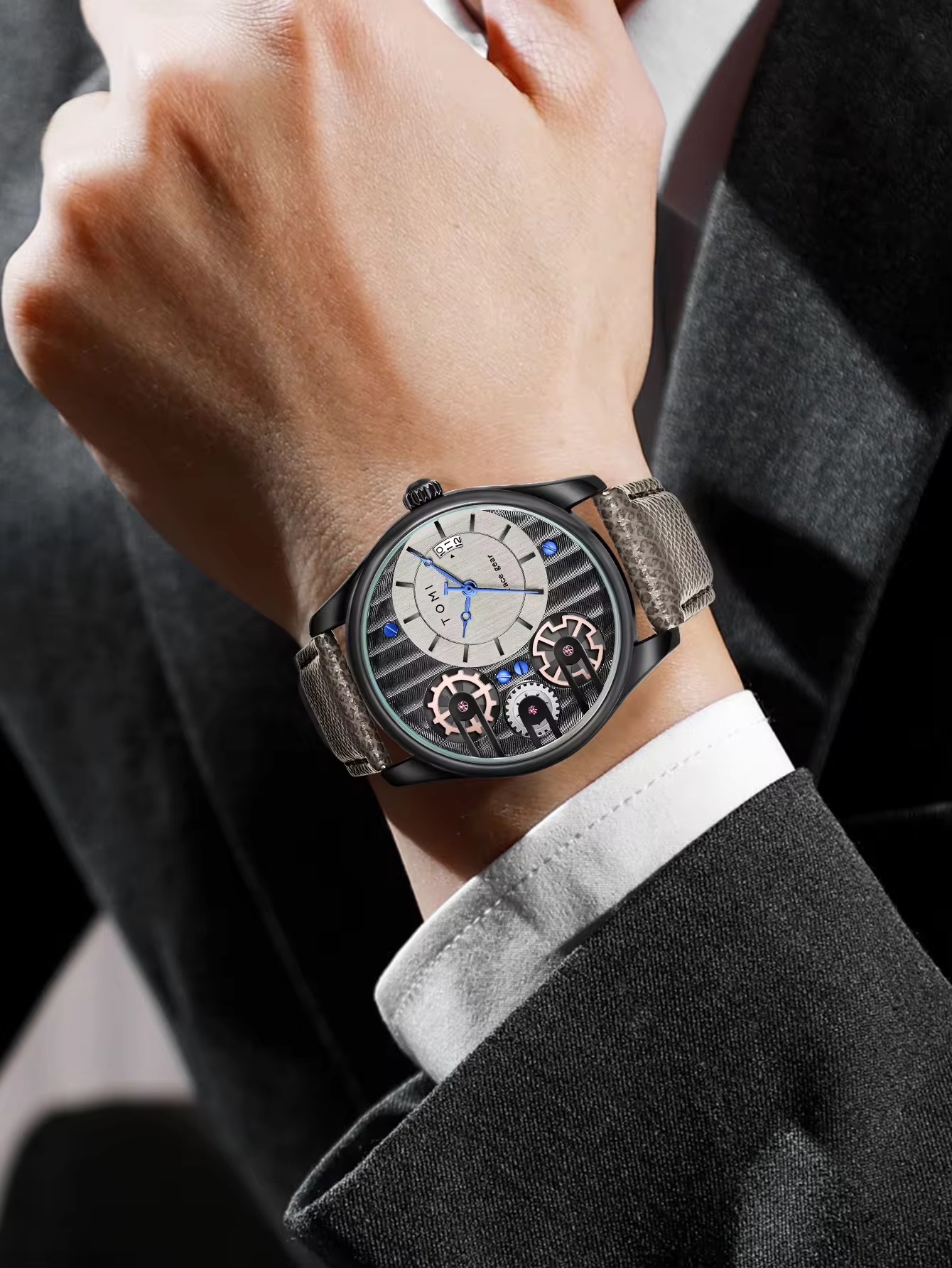 TOMI T-106 Face Gear Dual Strap Leather Belt Watch (Ash)_img_3