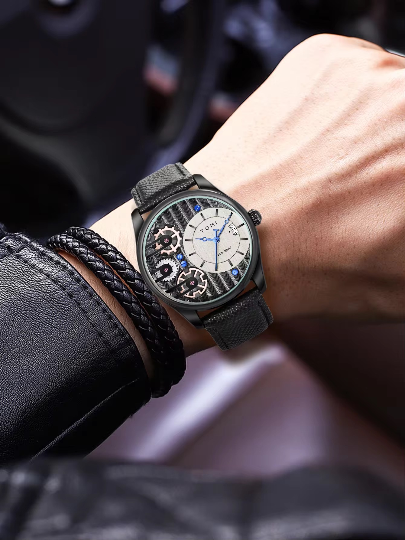 TOMI T-106 Face Gear Dual Strap Leather Belt Watch (Ash)_img_4