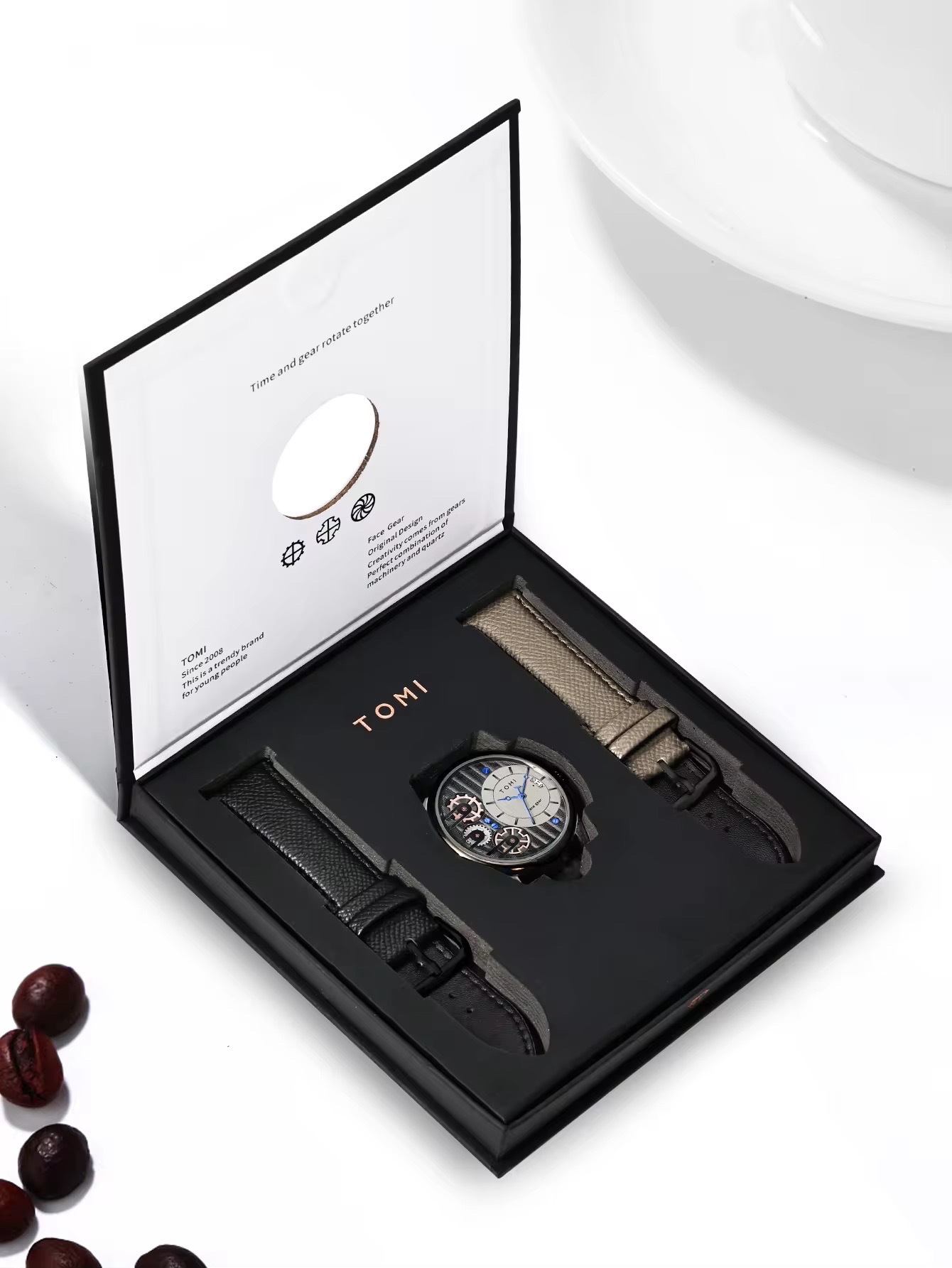 TOMI T-106 Face Gear Dual Strap Leather Belt Watch (Ash)_img_5