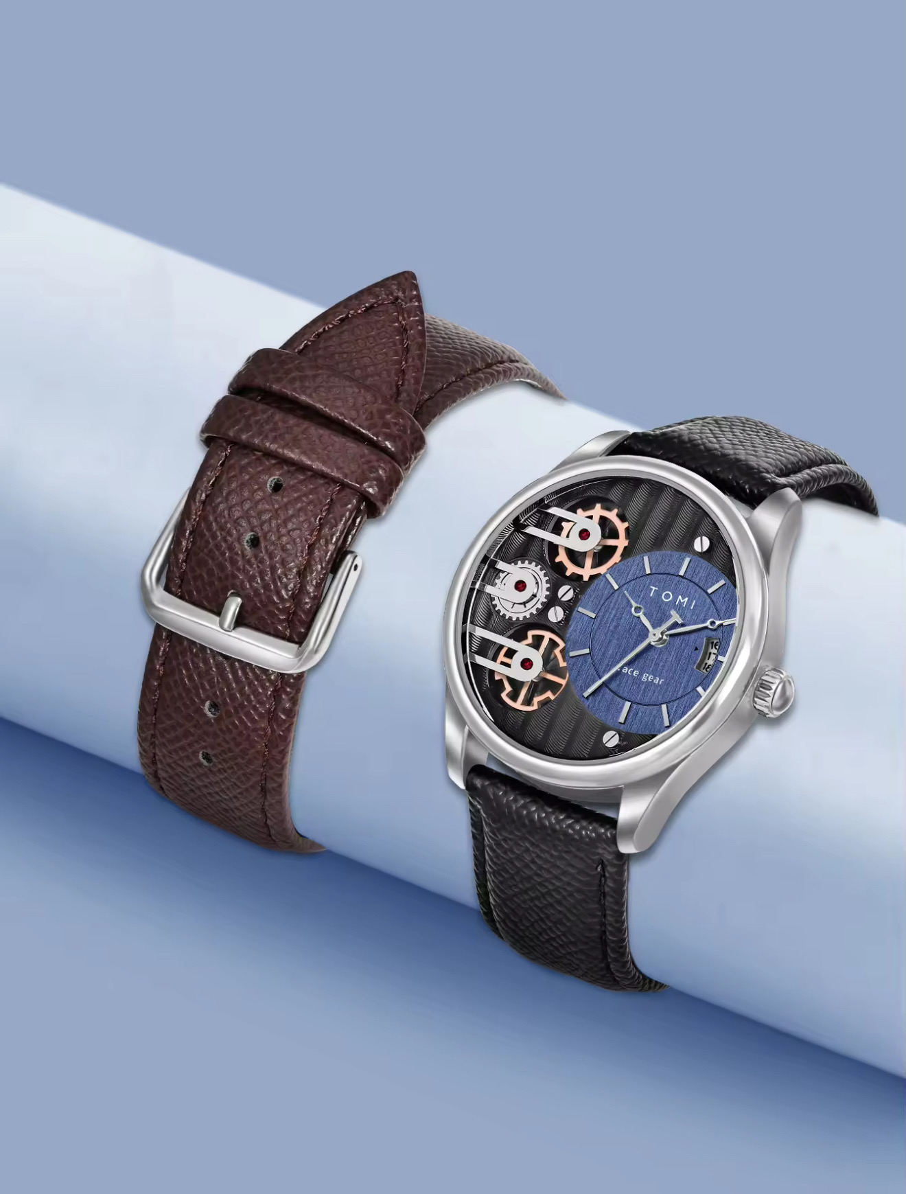 TOMI T-106 Face Gear Dual Strap Leather Belt Watch (Brown-Silver)_img_1