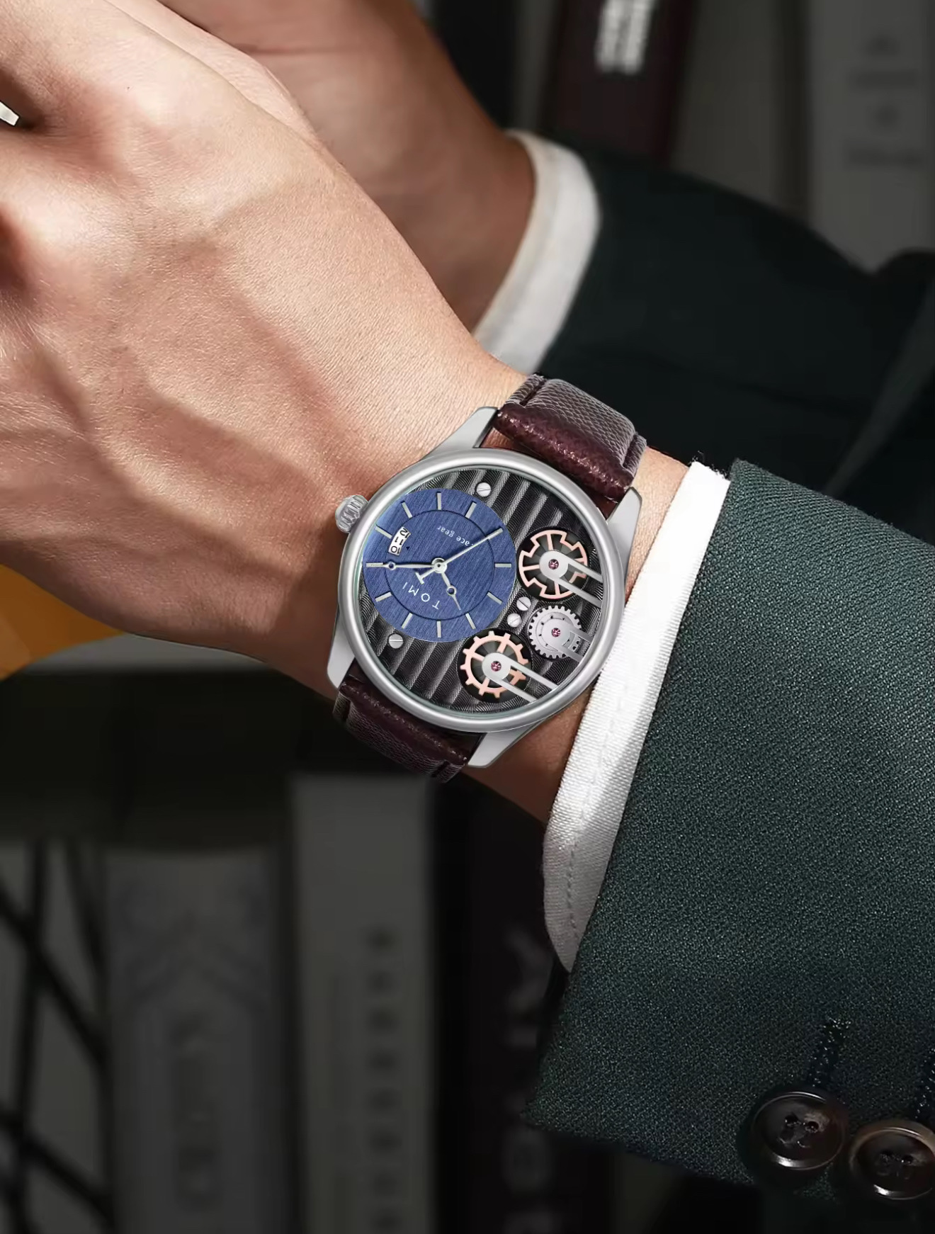 TOMI T-106 Face Gear Dual Strap Leather Belt Watch (Brown-Silver)_img_2