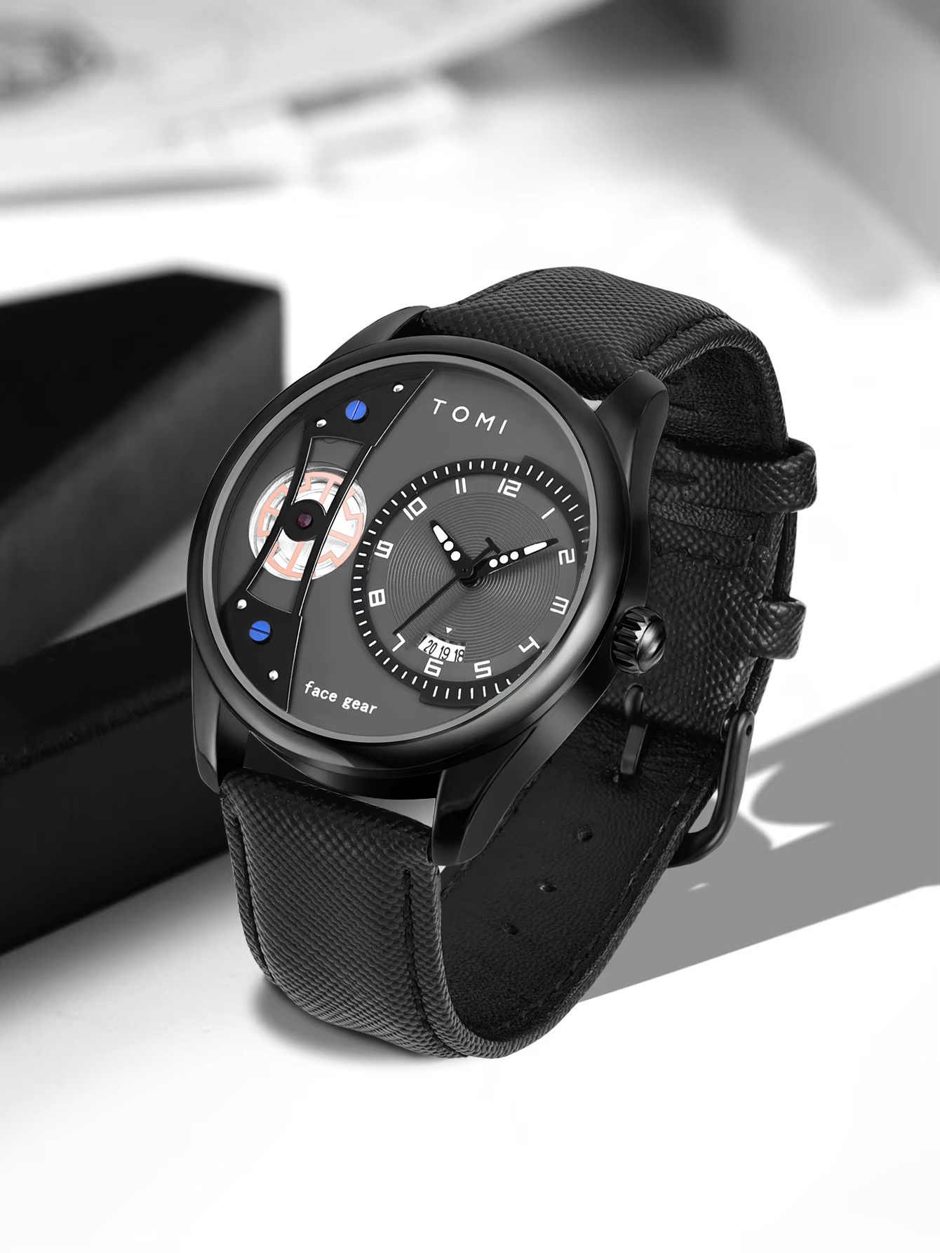 TOMI T-105 Face Gear Dual Strap Leather Belt Watch (Black)_img_1