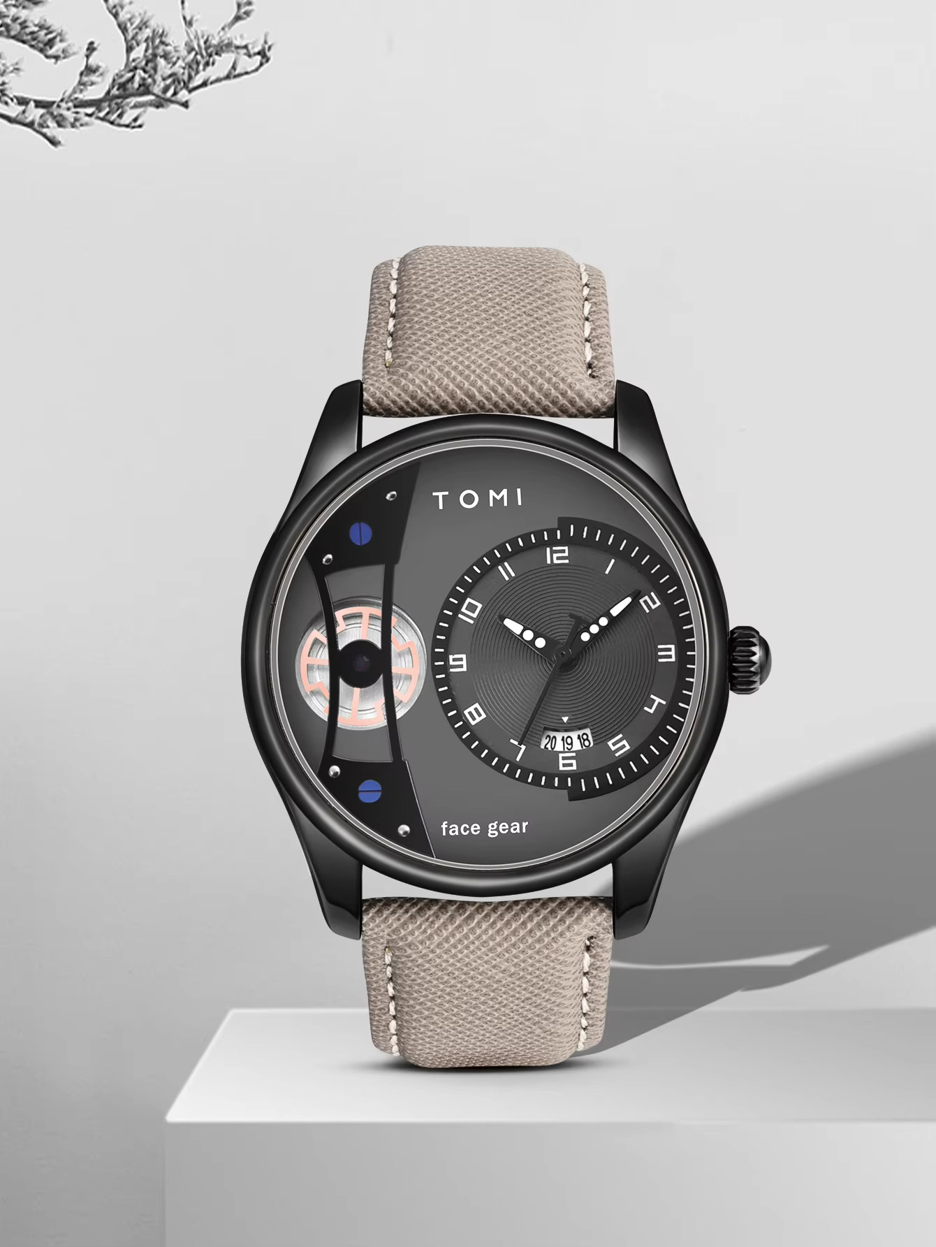 TOMI T-105 Face Gear Dual Strap Leather Belt Watch (Black)_img_2