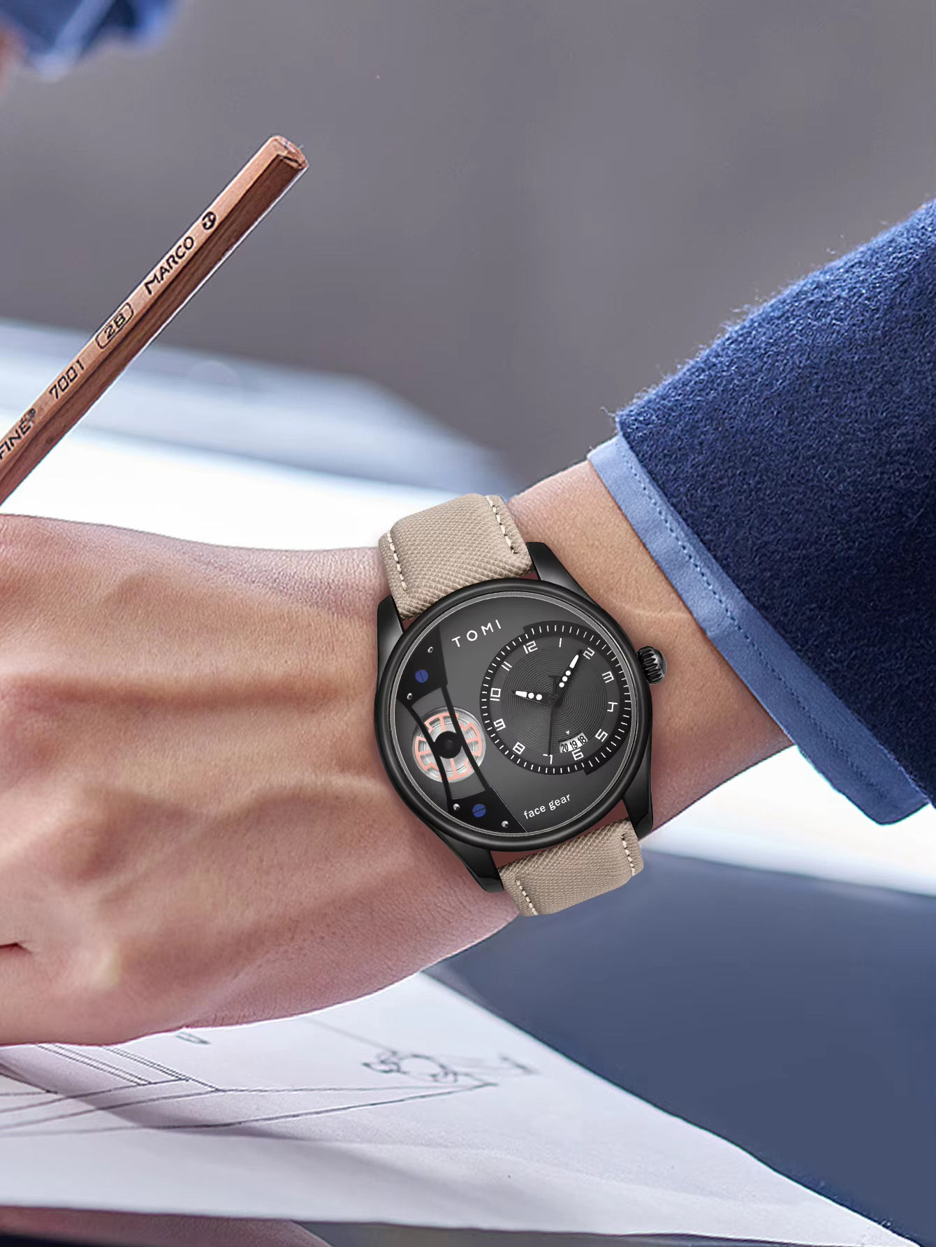 TOMI T-105 Face Gear Dual Strap Leather Belt Watch (Black)_img_4