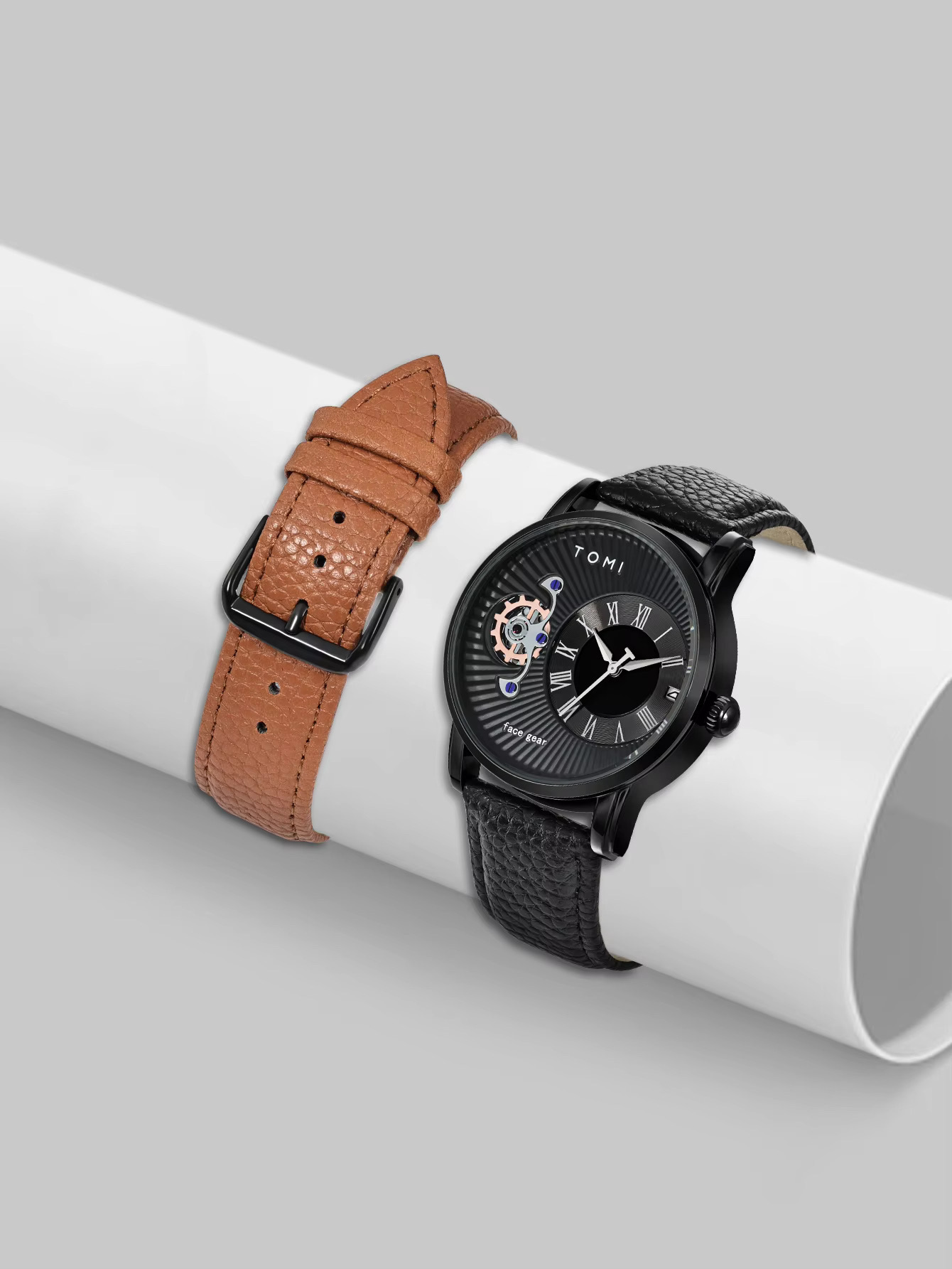 TOMI T-104 Face Gear Dual Strap Leather Belt Watch (Black)_img_1