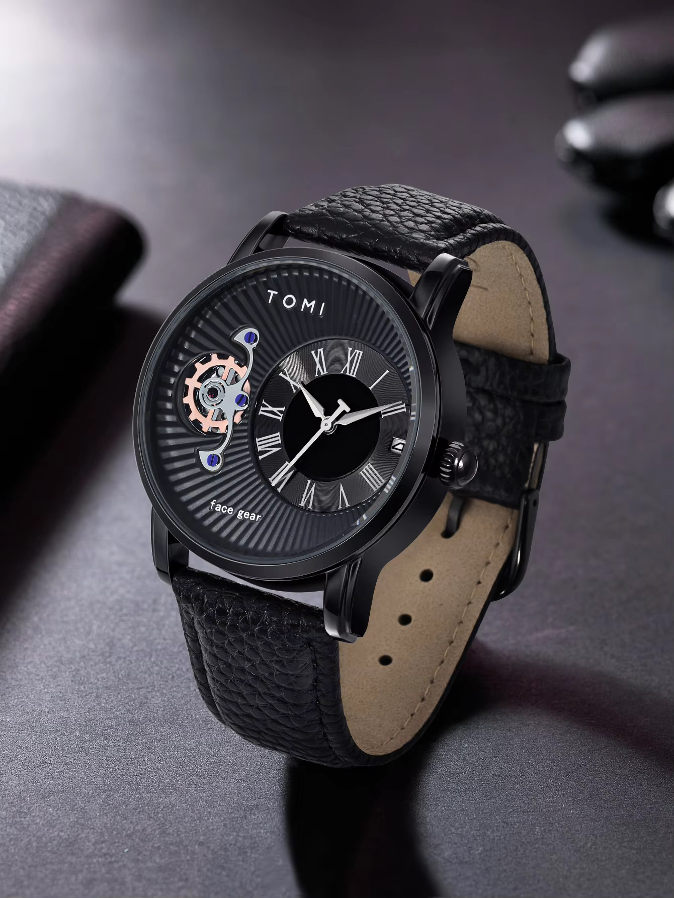 TOMI T-104 Face Gear Dual Strap Leather Belt Watch (Black)_img_2