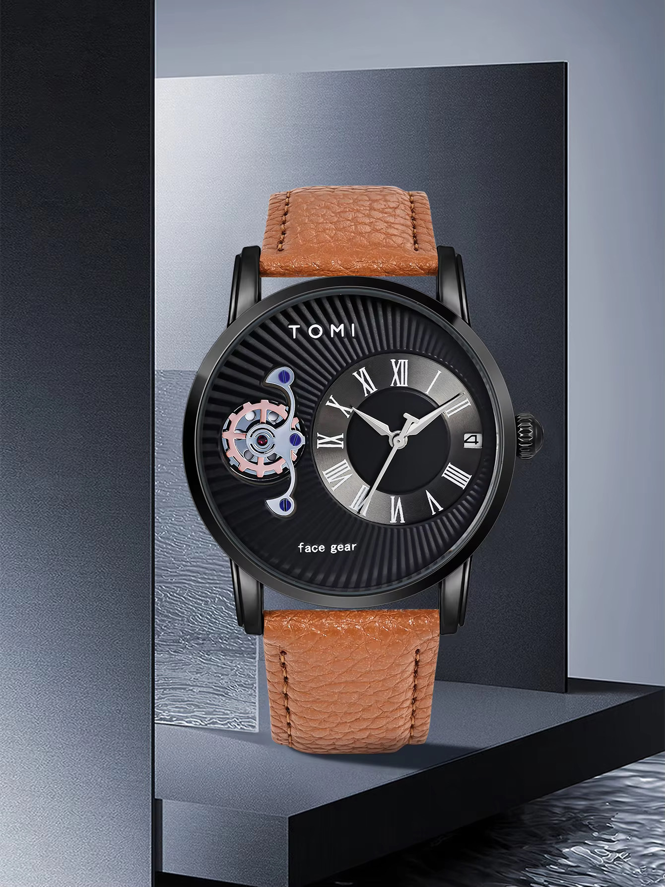 TOMI T-104 Face Gear Dual Strap Leather Belt Watch (Black)_img_3