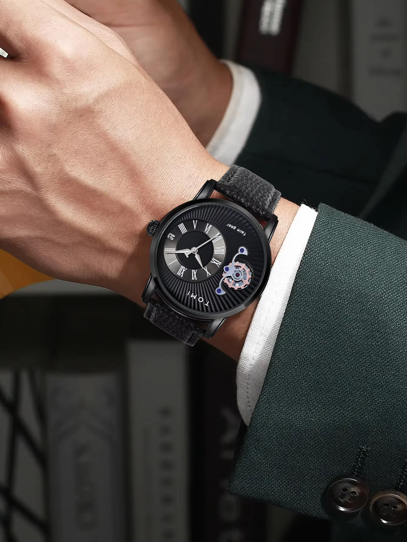 TOMI T-104 Face Gear Dual Strap Leather Belt Watch (Black)_img_4