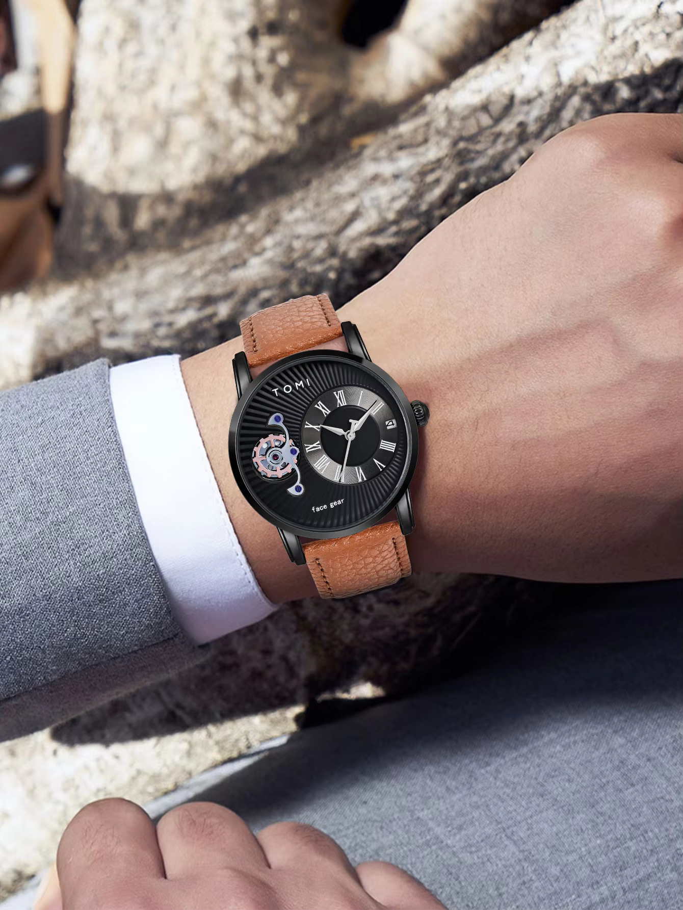 TOMI T-104 Face Gear Dual Strap Leather Belt Watch (Black)_img_5