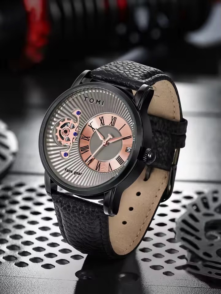 TOMI T-104 Face Gear Dual Strap Leather Belt Watch (Brown-Ash)_img_2