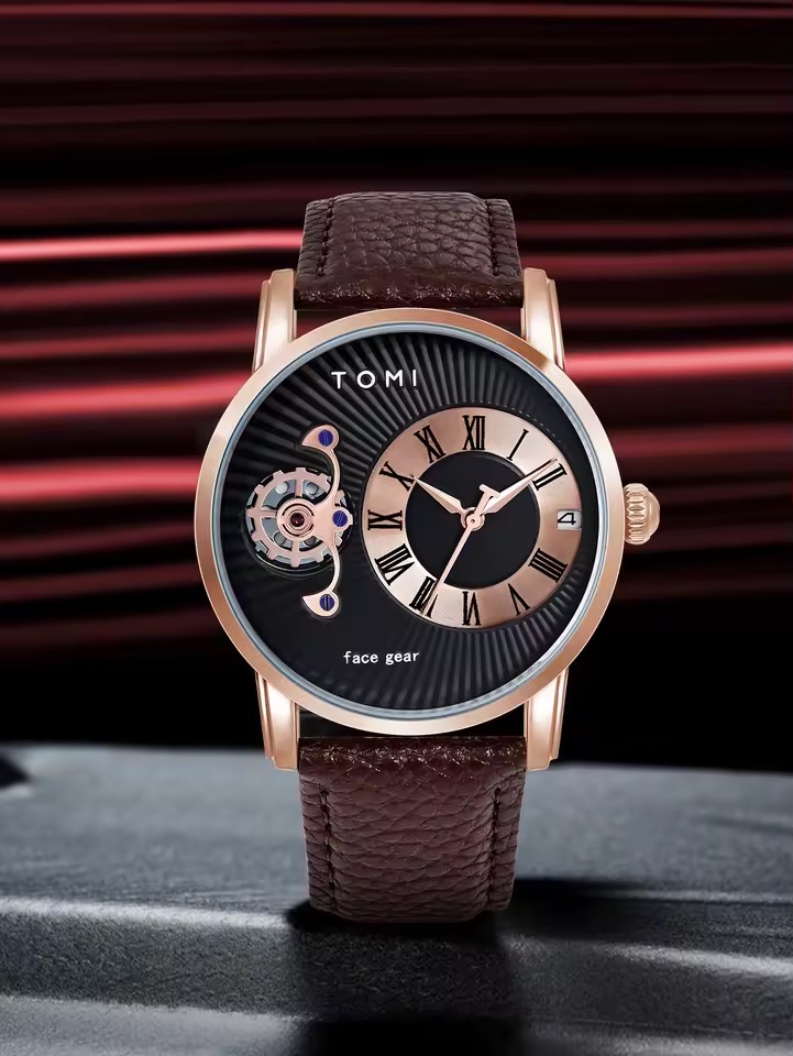 TOMI T-104 Face Gear Dual Strap Leather Belt Watch (Black-Rosegold)_img_2