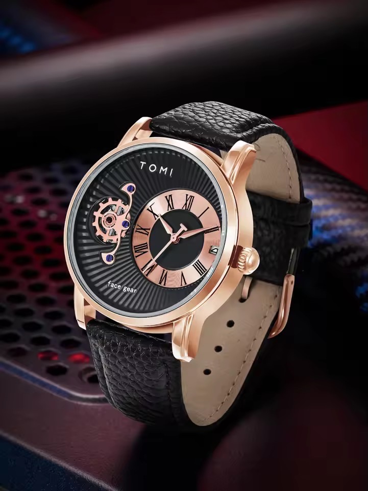 TOMI T-104 Face Gear Dual Strap Leather Belt Watch (Black-Rosegold)_img_3