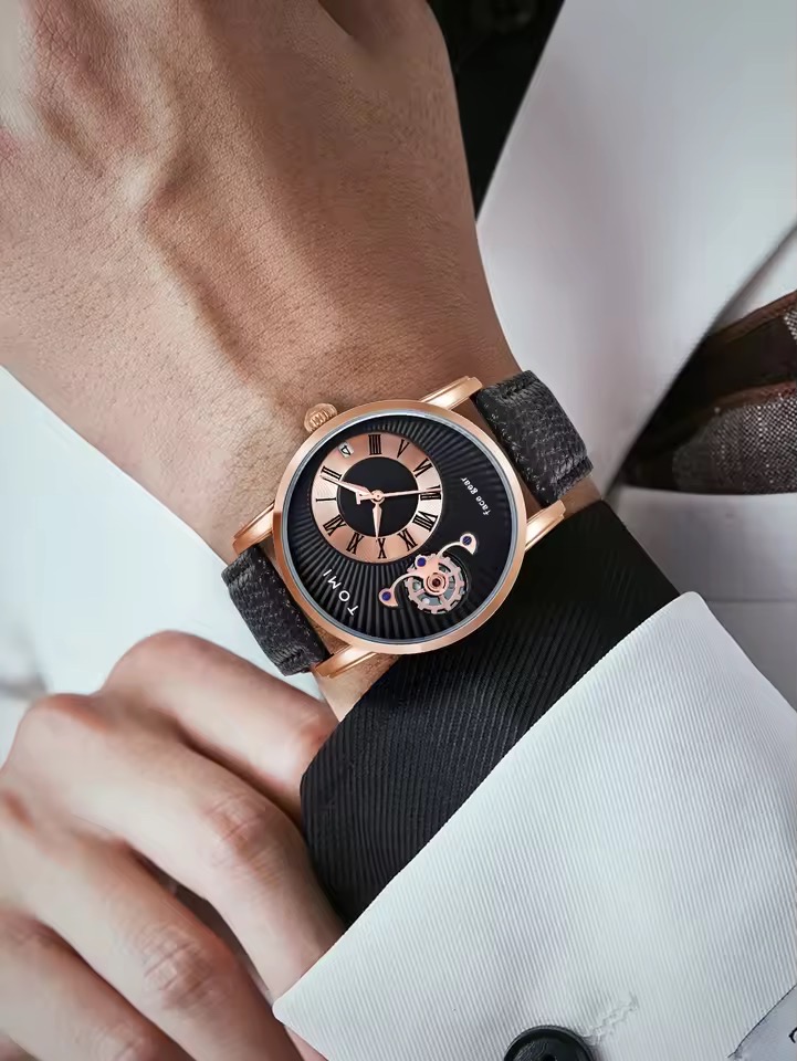 TOMI T-104 Face Gear Dual Strap Leather Belt Watch (Black-Rosegold)_img_4