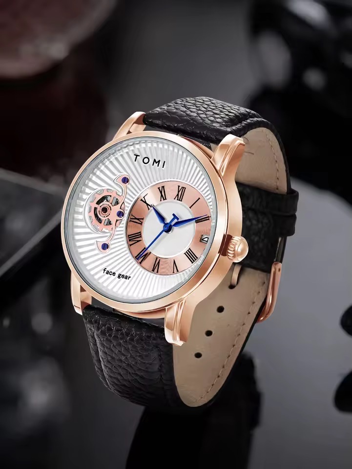 TOMI T-104 Face Gear Dual Strap Leather Belt Watch (White-Rosegold)_img_1