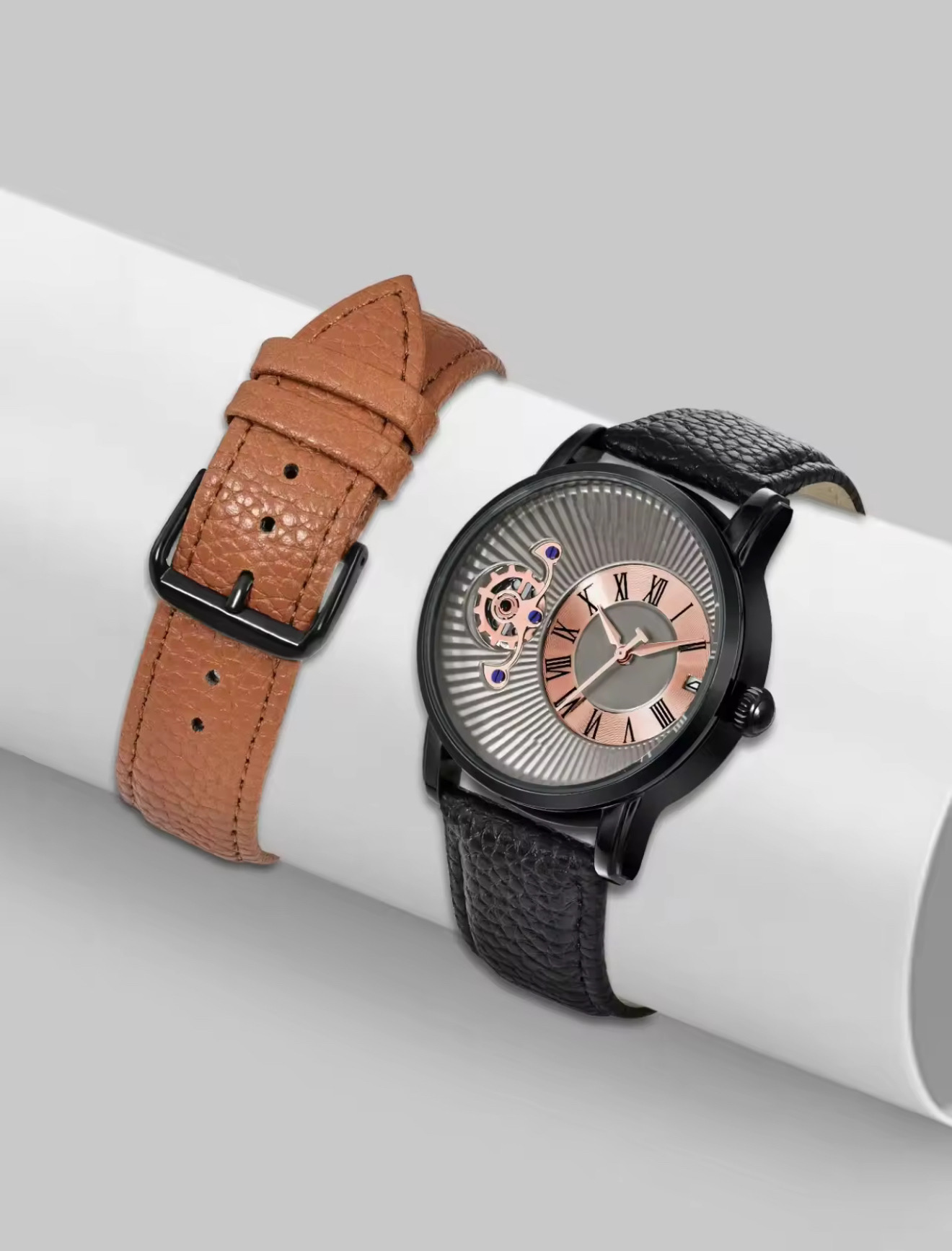 TOMI T-104 Face Gear Dual Strap Leather Belt Watch (Brown-Ash)_img_1