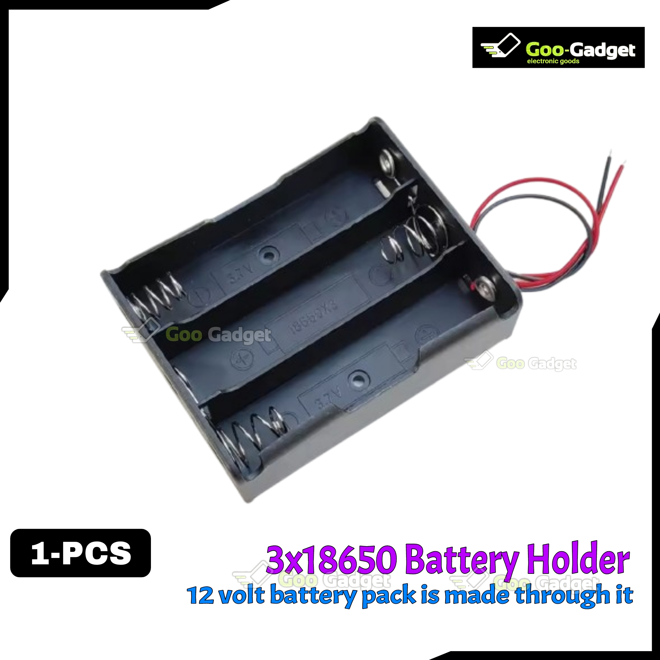 3S 3 slot 18650 Battery Holder Case | 3S 12V Lithium-Ion Battery Box with 6-Inch Wire Leads for DIY Projects
